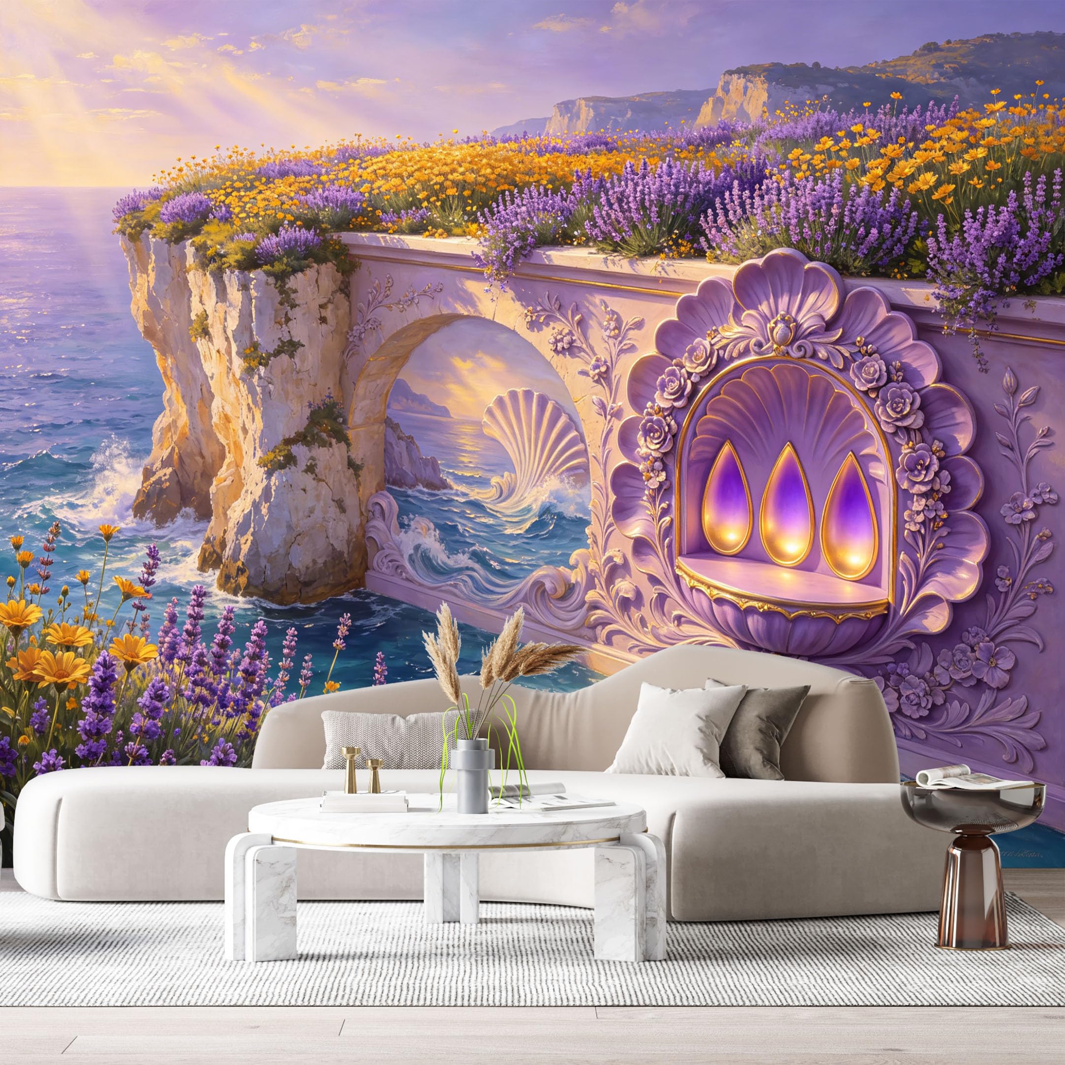 Custom Size Wall Murals Fantasy Coastal Cliff Sunrise Ocean Oil Painting 3D Trompe L'Oeil SelfAdhesiveWall Fabric Removable Wallpaper Wall Decor for Living Room Bedroom Bathroom