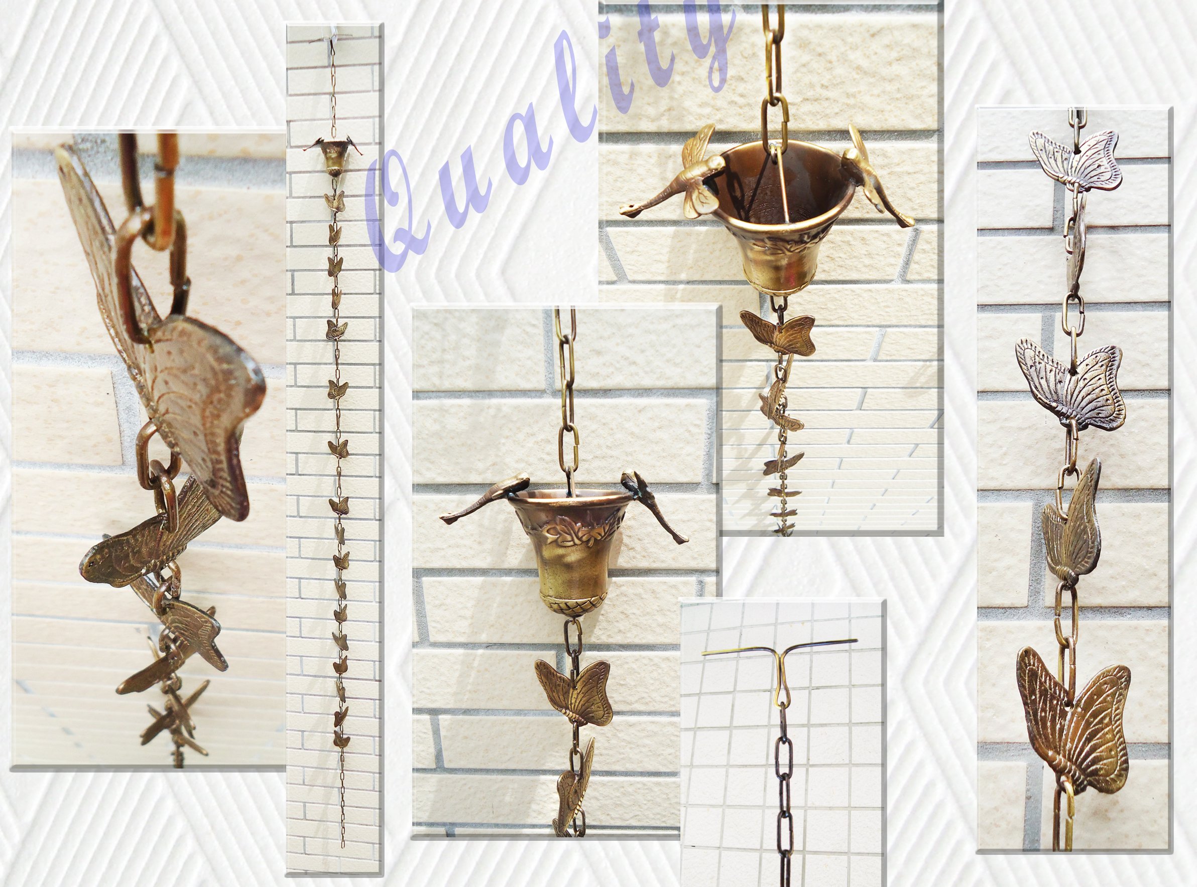 Brass Rain Chain / Brass Rain Cups with 2 Dragonflies & Butterflies - 97" Inches H