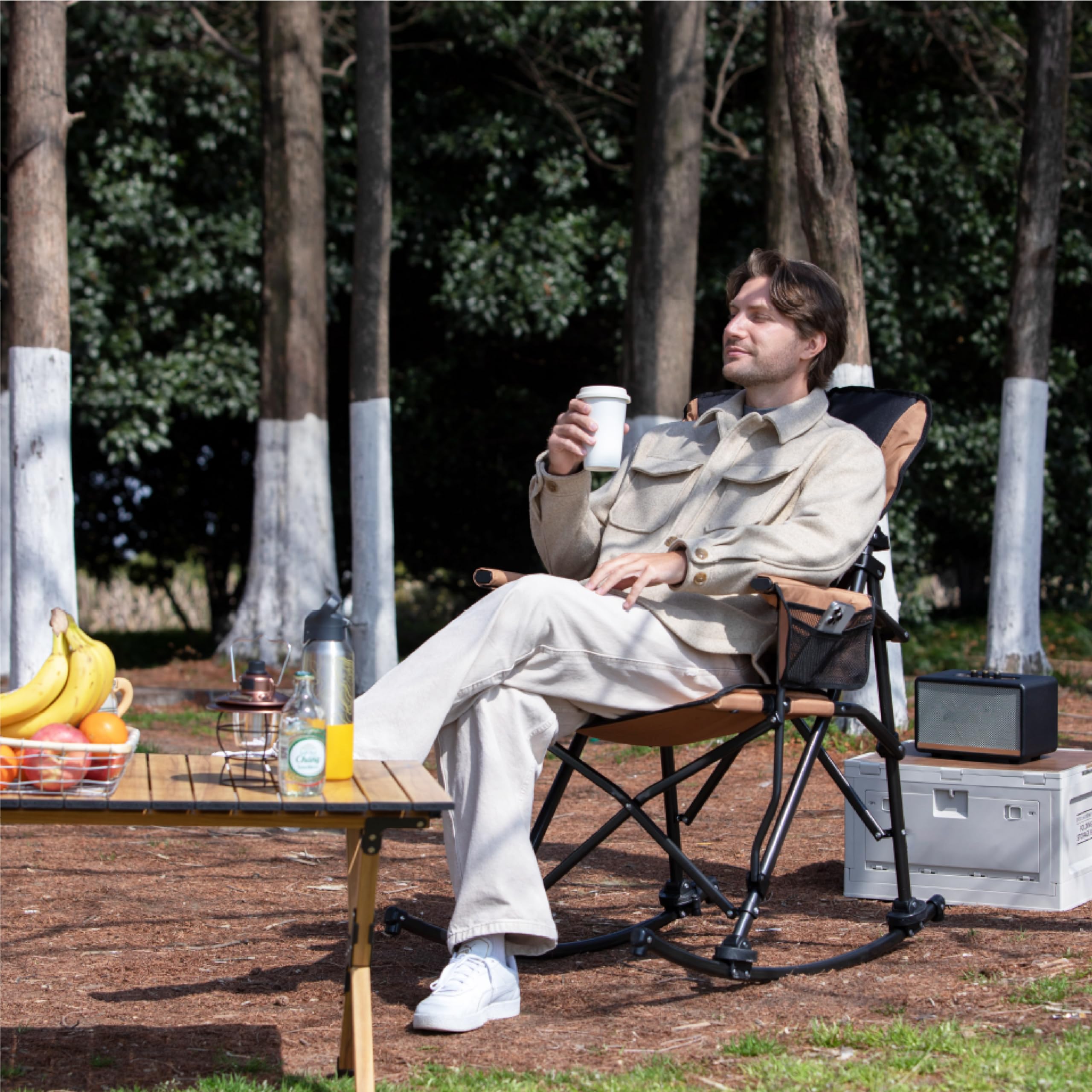 Oversized Folding Rocking Camping Chair for Adults, Adjustable Backrest Rocker Camping Chair with Hard Armrests, Portable Outdoor Rocking Chairs for Patio, Lawn and Garden(Supports 350lbs), Brown