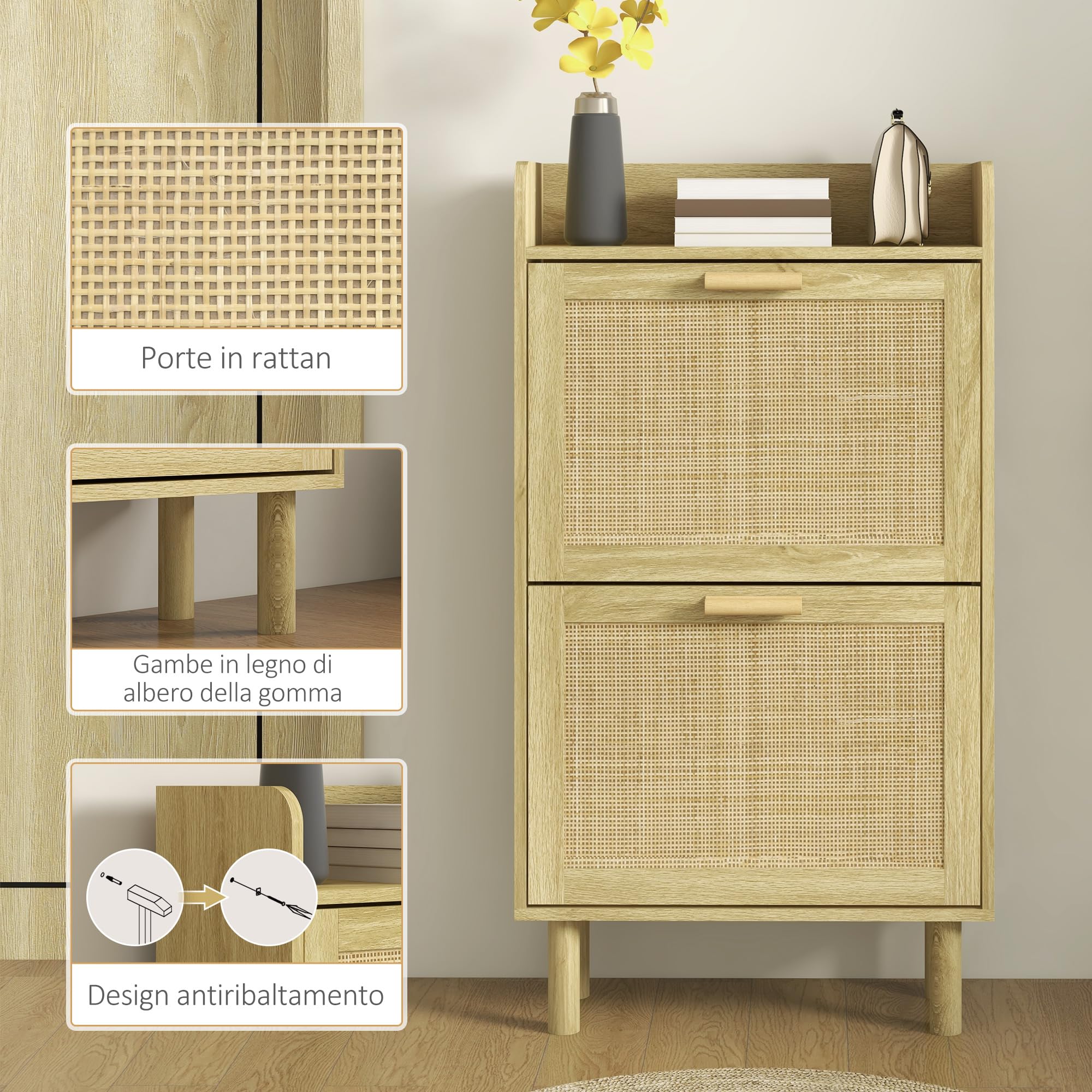 HOMCOM Scarpiera Salvaspazio Slim 2 Ante Ribalta 80x24.5x110 cm Rovere | Scarpiera Boho Ingresso, Ripiani Regolabili, Piano Superiore, 4 Gambe, Porta Scarpe per 12 Paia