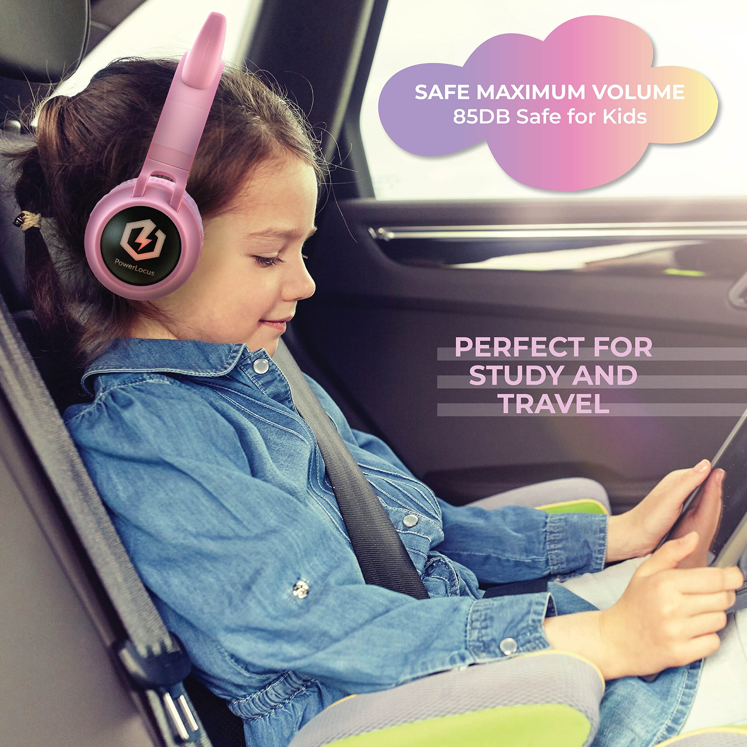 PowerLocus Cuffie Bluetooth per Bambini, Senza-Fili Cuffie Over-Ear, Limitatore audio a 85 dB, con orecchie LED, Pieghevole, Con Microfono, Micro SD, Sacchetto da Trasporto per Viaggio/Telefono/PC