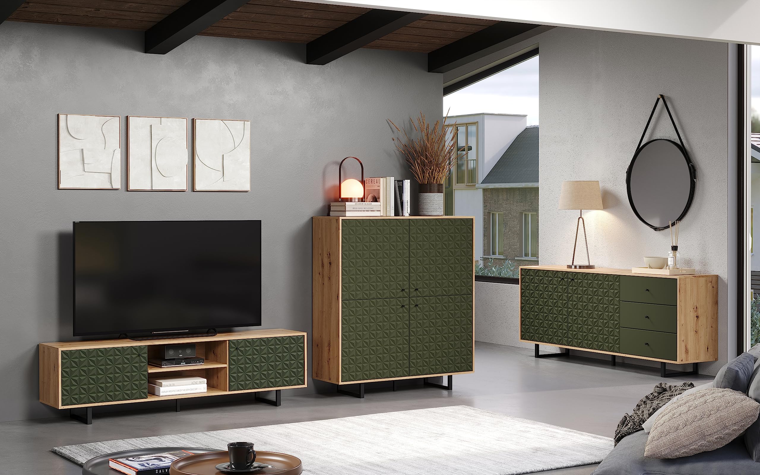 trendteam smart living - Sentra - Highboard - Dunkelgrün/Artisan Eiche - Wohnzimmerschrank mit gefrästen Türen - (BxHxT) 124 x 136 x 40 cm - Metallfüße - kratzfest