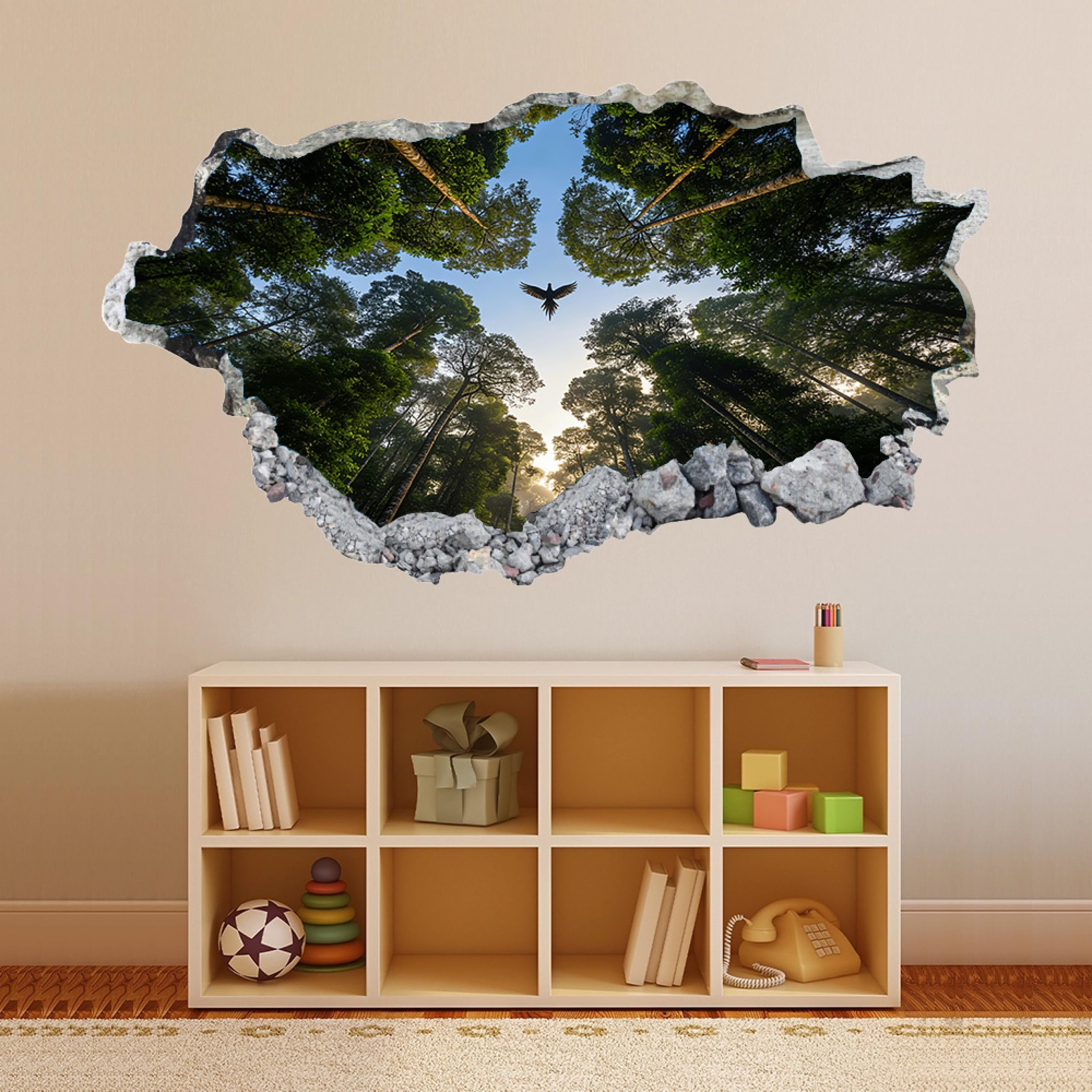 Wandtattoo 3D Durchbruch Wandaufkleber für Kinderzimmer Wandtattoos für Wohnzimmer Waldbaumvogel Wandsticker Wandbild Junge Mädchen Schlafzimmer 58x101cm