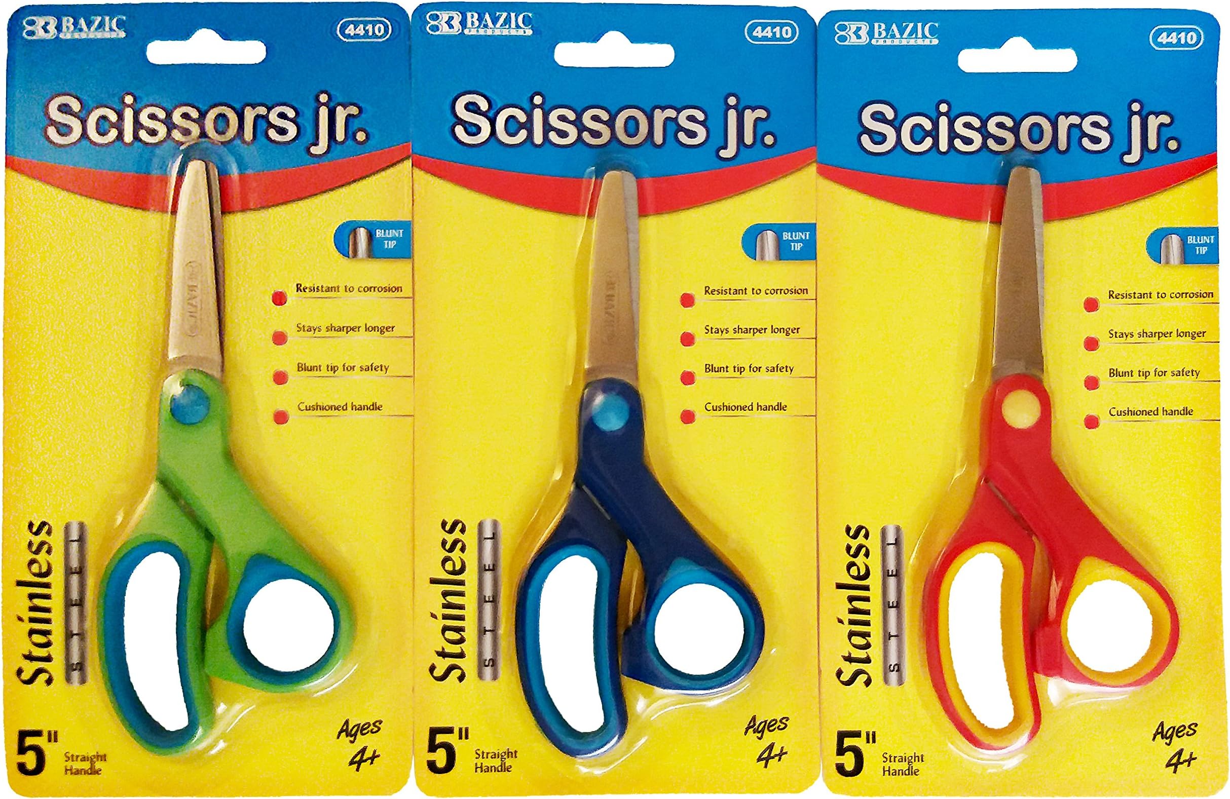Junior Scissors 5" Blunt Tip Set of 3 (Blue, Green and Red color). Plus Free Bonus 3 Glue Sticks and 1 Hand Wipe.