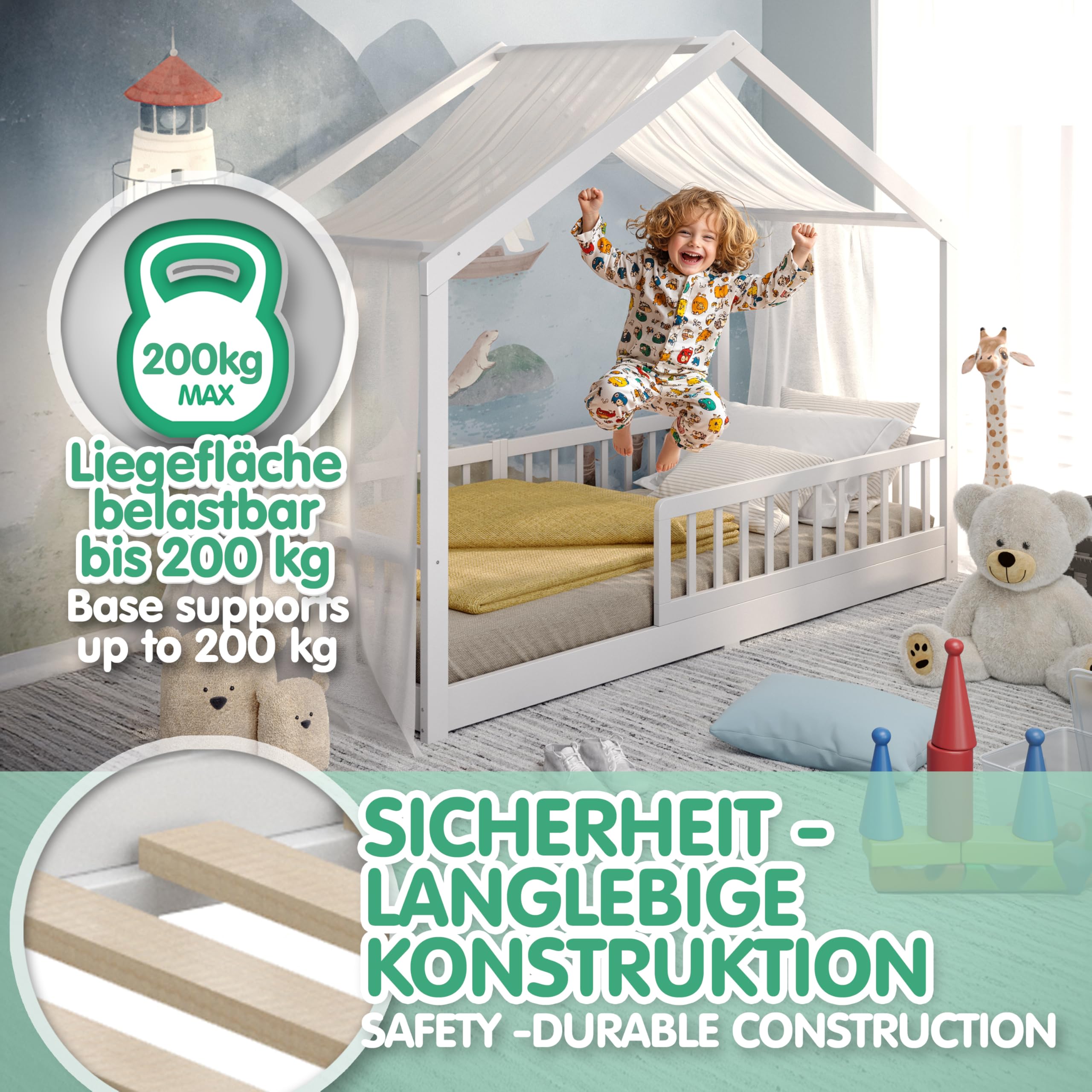 CADANI Malte Letto Casetta per Bambini 90x200 cm – Letto Montessori a Pavimento con Barriera Rimovibile, fino a 200 kg, Rete a Doghe Inclusa, Legno Massello di Pino, Bianco