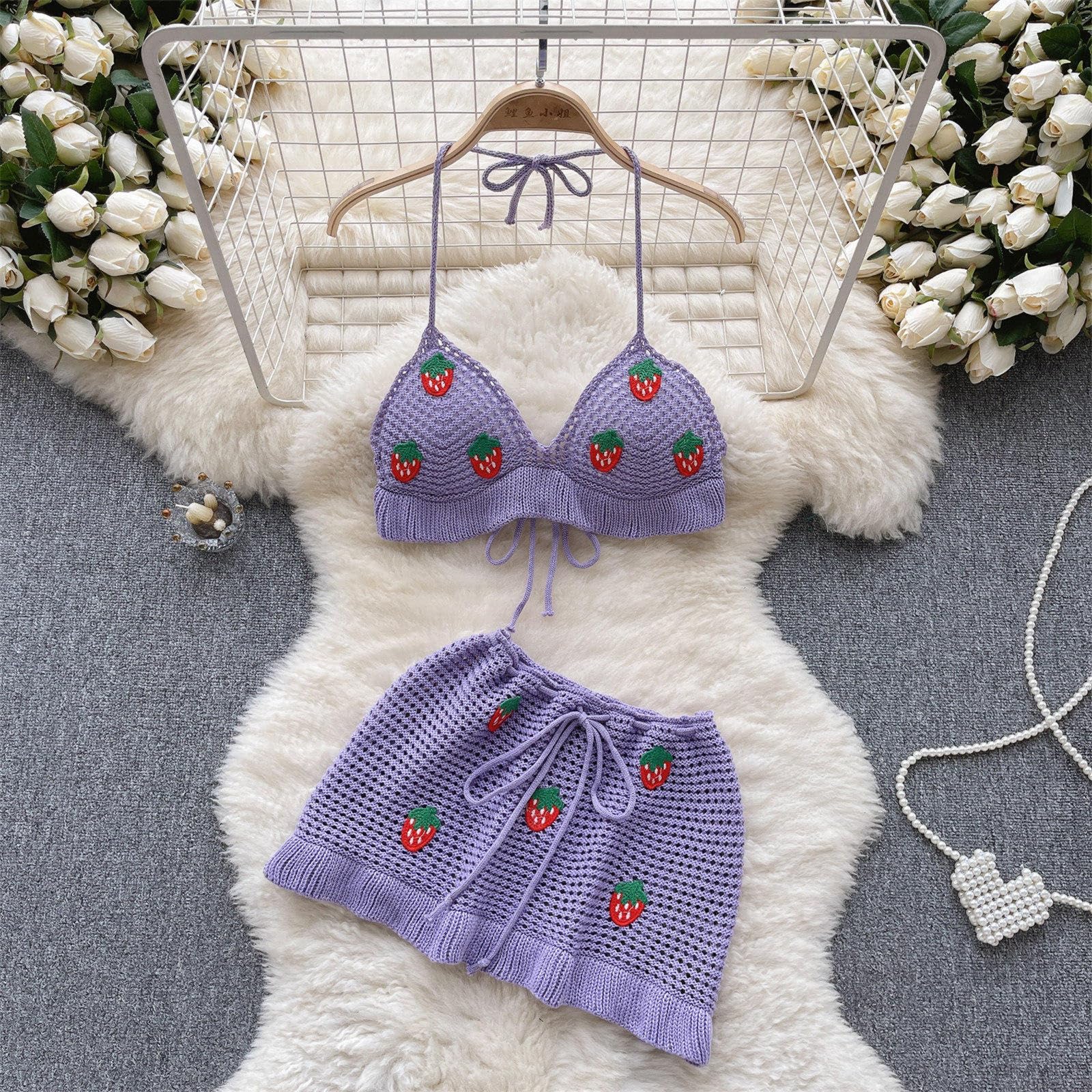 Jilneed Women Crochet Knitted Two Piece Outfit Hollow Out Bikini Halter Top and Mini Skirt Swimsuit Beach Cover Up Set: One Size Purple