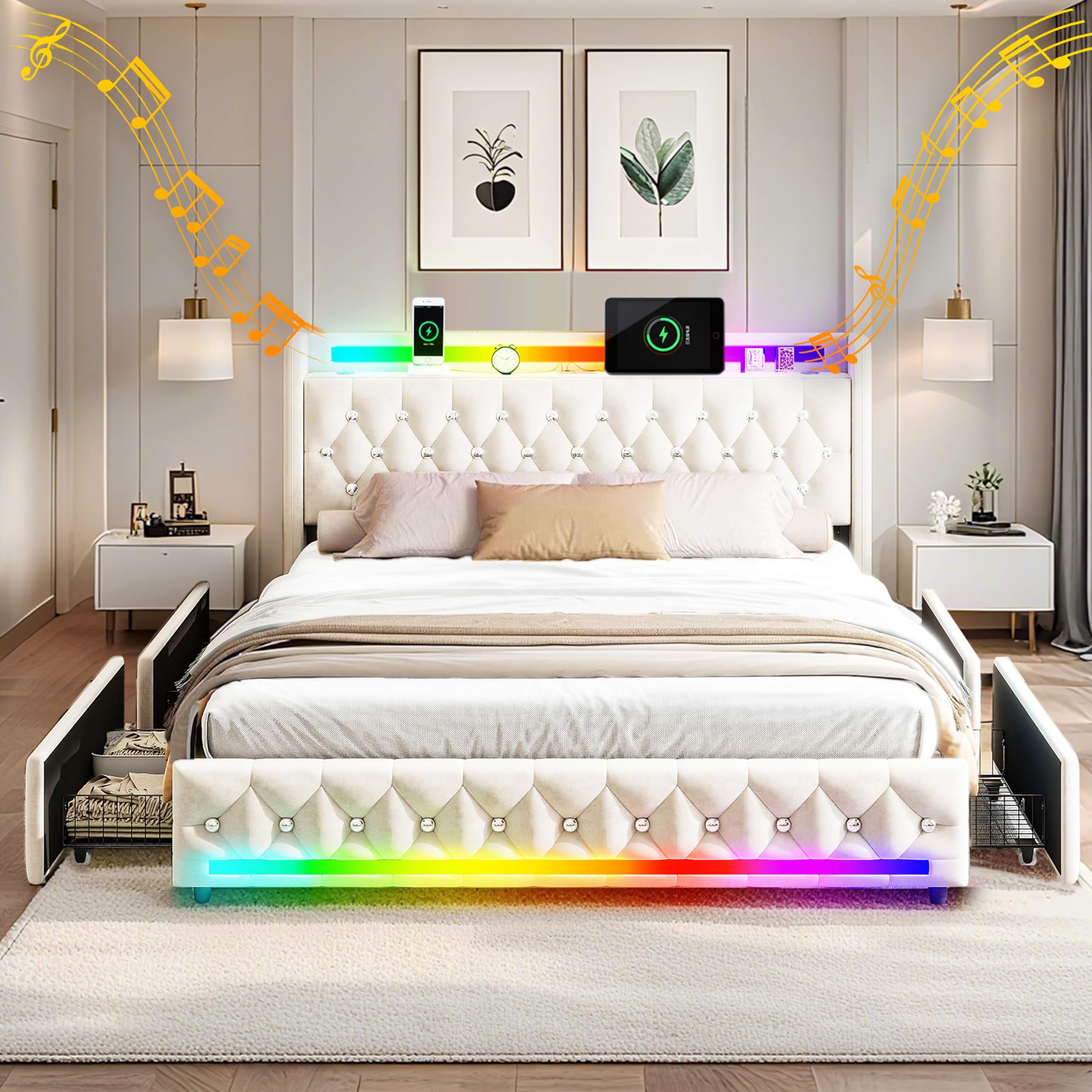 Letto Imbottito Moderno con Illuminazione LED, Altoparlante Bluetooth, 4 Cassetti di Archiviazion, Tessuto in Velluto con Ricarica USB/Type-C,160x200 cm, Beige
