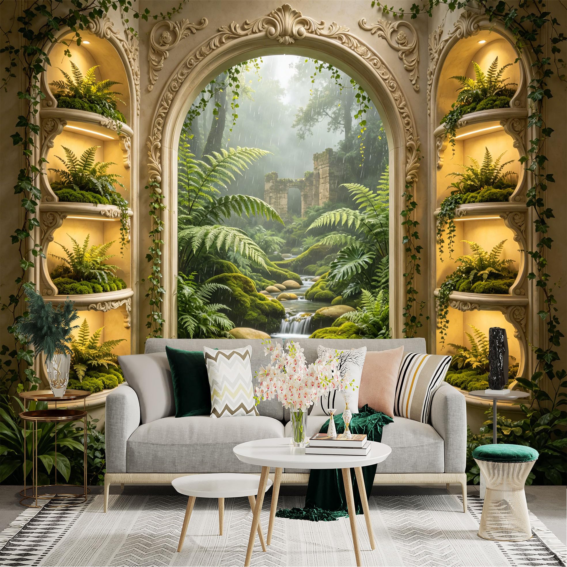 Lnzczhyre Dbh260521878 Custom Size Wall Sticker Mural， Enchanted Forest With Stone Archway， Mossy River Landscape， Tropical Fern Shelves， For Wall Decoration， Peelandstick Wall Decals.