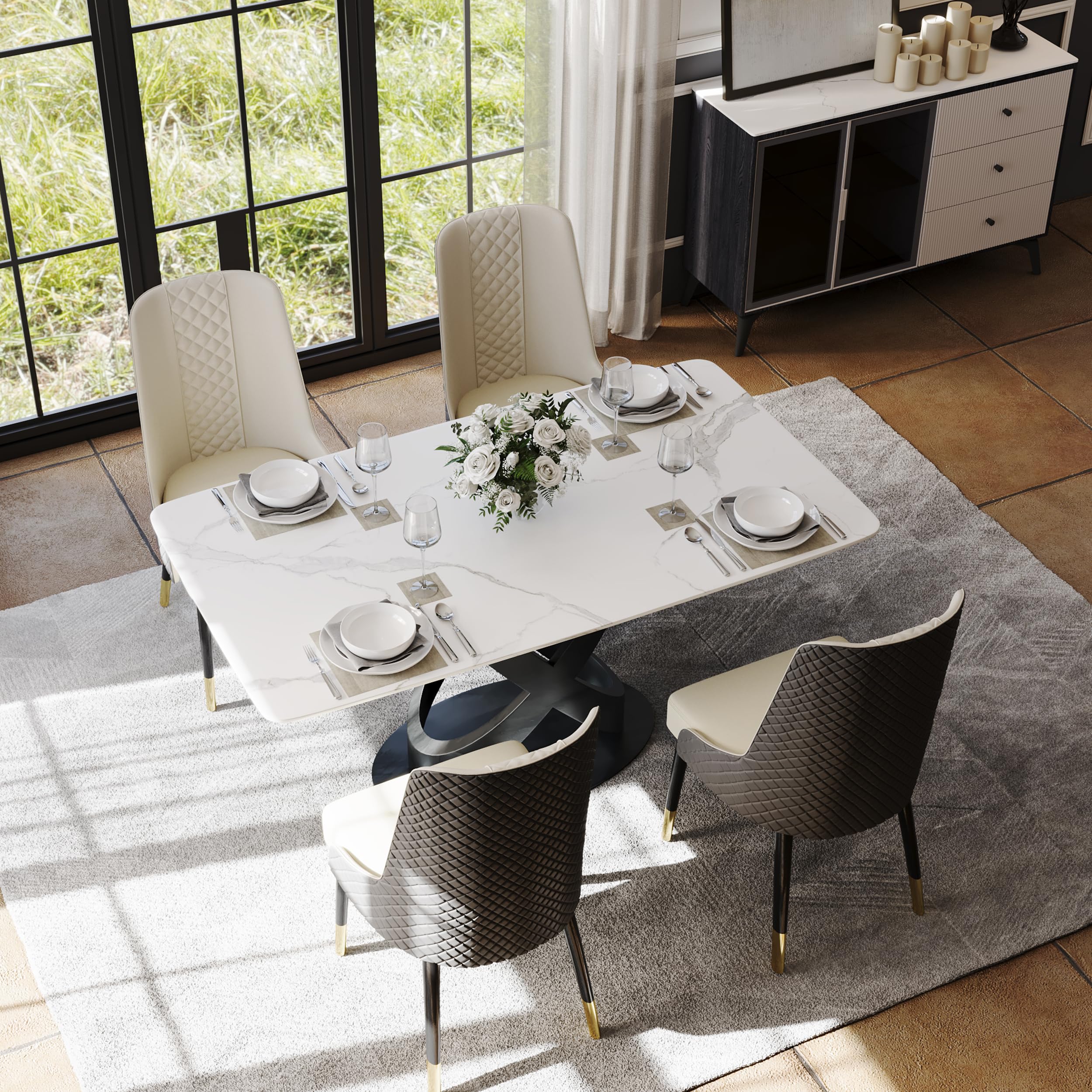 POVISON 63" Modern Dining Table for 4-6 People, Matte White Dining Room Table, Sintered Stone Dinner Tabletop with X-Shape Carbon Steel Pedestal,