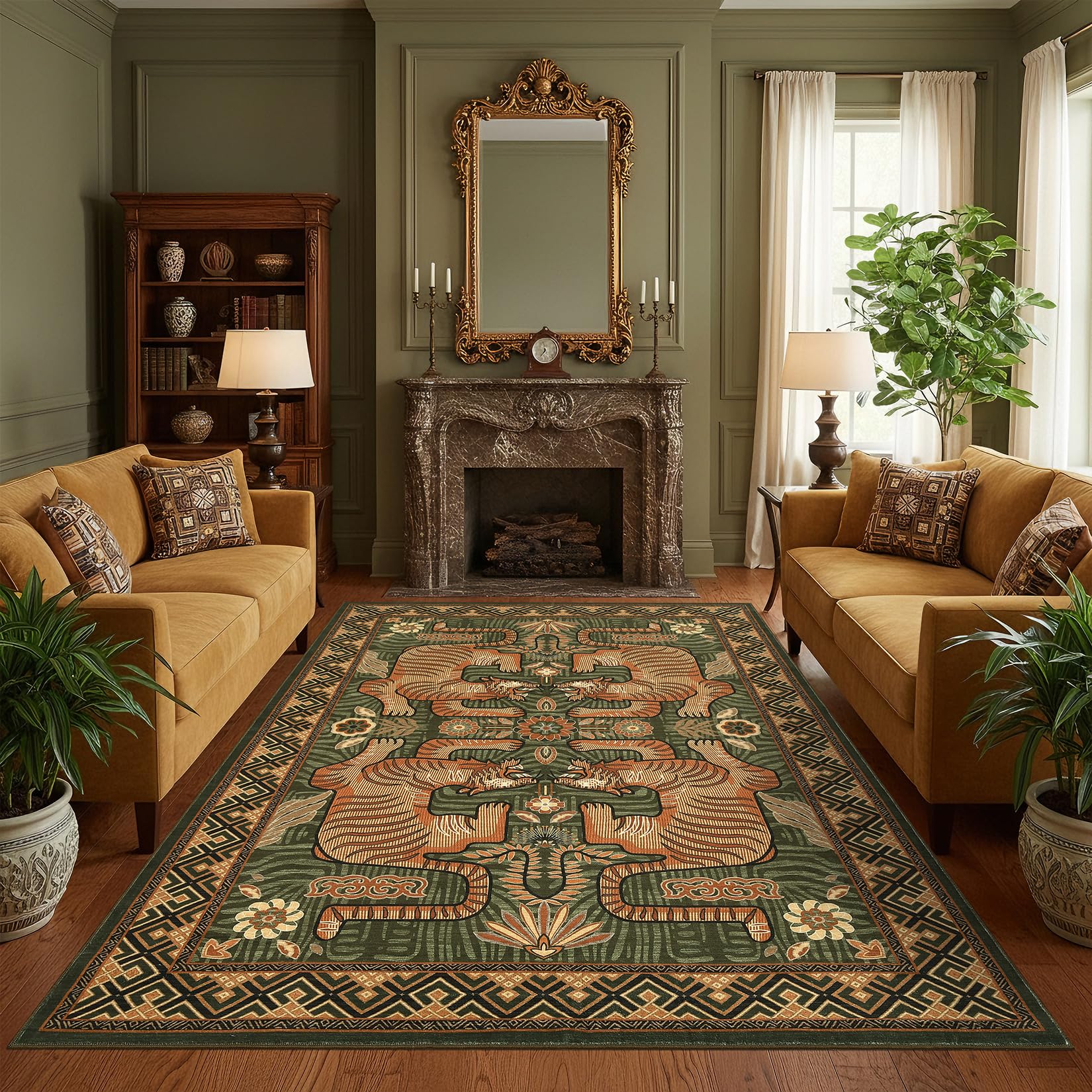 Photo 1 of GarveeHome Tibetan Tiger 5x7 Area Rugs, Boho Green Washable Rugs for Living Room, Vintage Tribal Soft Animal Print Throw Rug Non Slip Ultra Thin Stain Resistant Floor Carpet for Office Bedroom