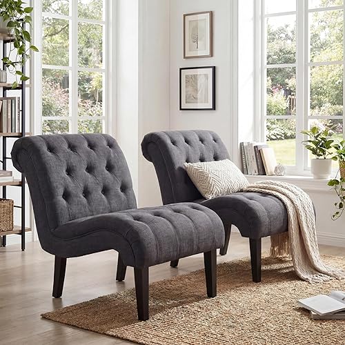 Accent Chairs Set of 2 Upholstered Living Room Bedroom Side Chairs Curved Button Tufted Armless Lounge Chair with Wood Legs Gray Fabric