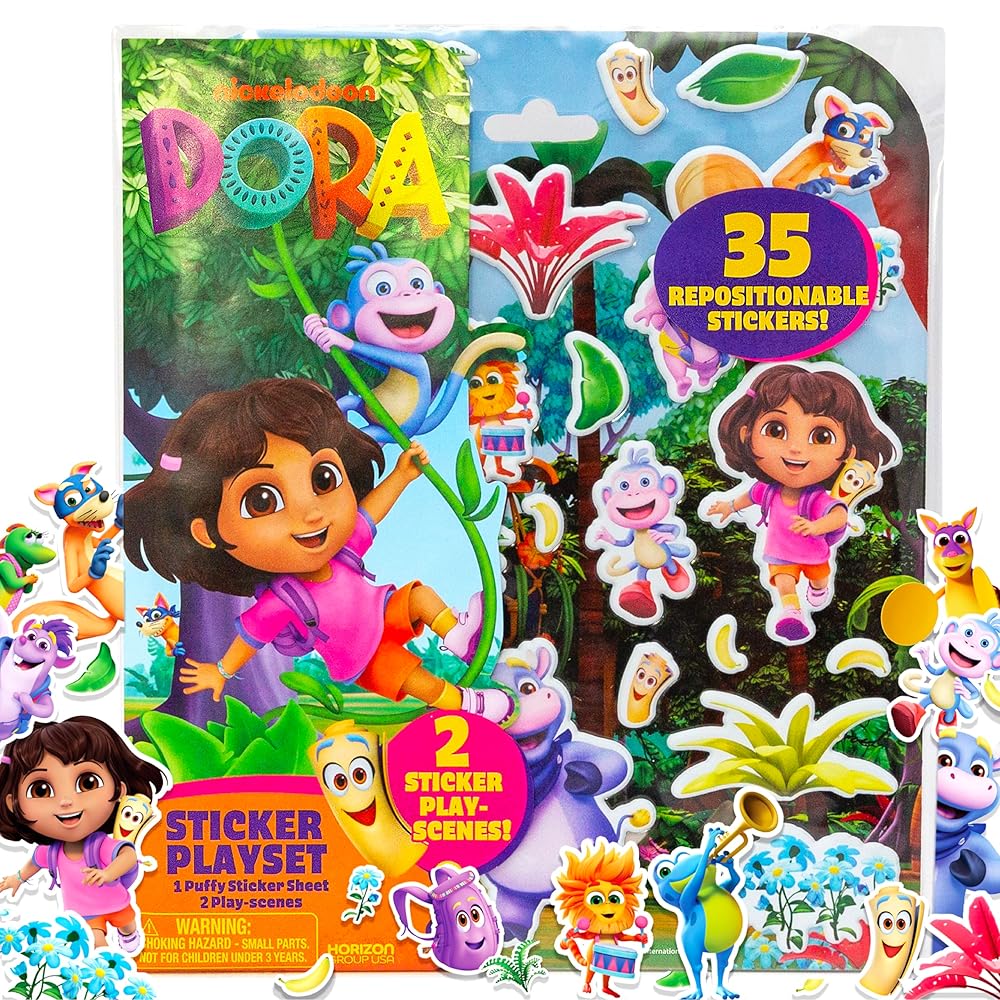 Dora Puffy Sticker Playset, 35 Reusable Stickers and 2 Play Scenes, Fun Kids Activities, Toddler Toys, Road Trip Essentials, Gifts for 4 Year Old Girl, Mess Free Airplane Toy for Little Ones