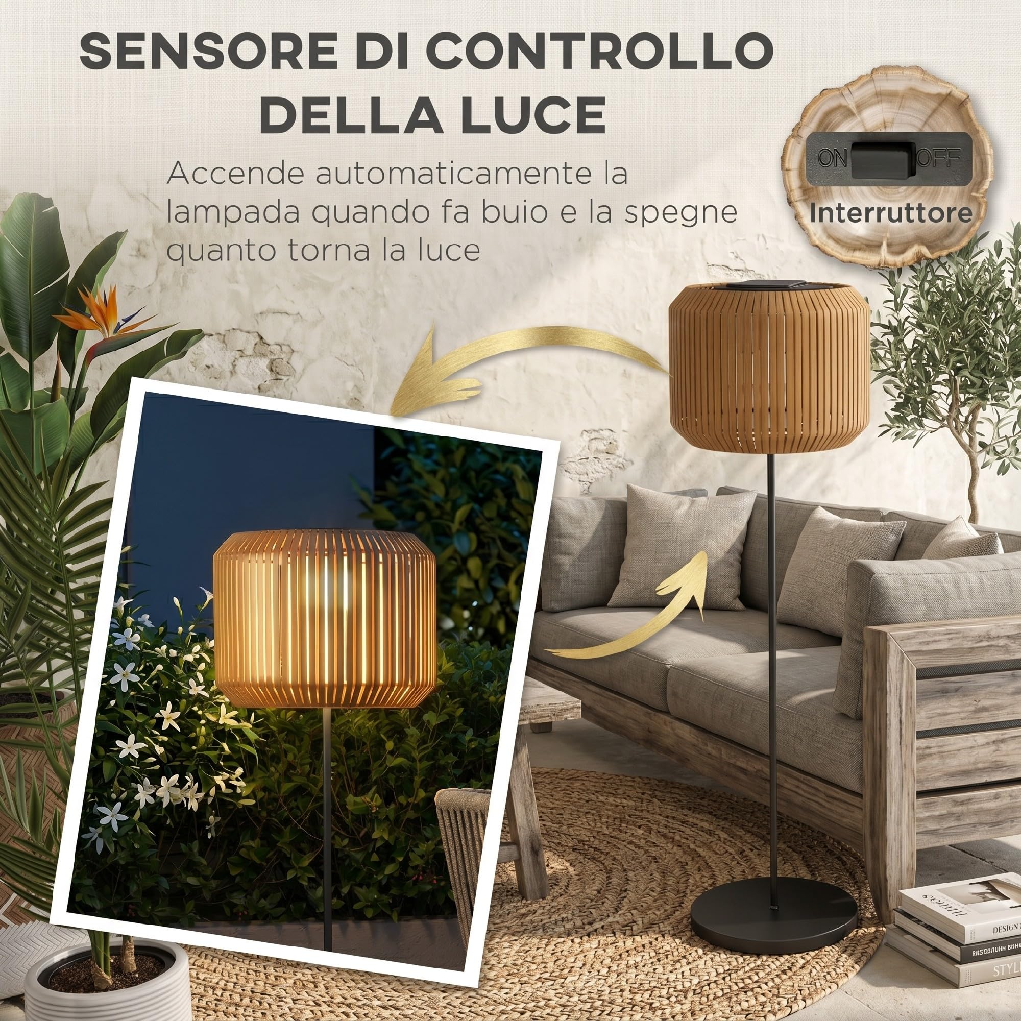 Outsunny Lampada Solare da Giardino con LED a Illuminazione e Accensione Automatica, Lampada da Esterno in Rattan PE e Acciaio, Ø34x130 cm, Giallo