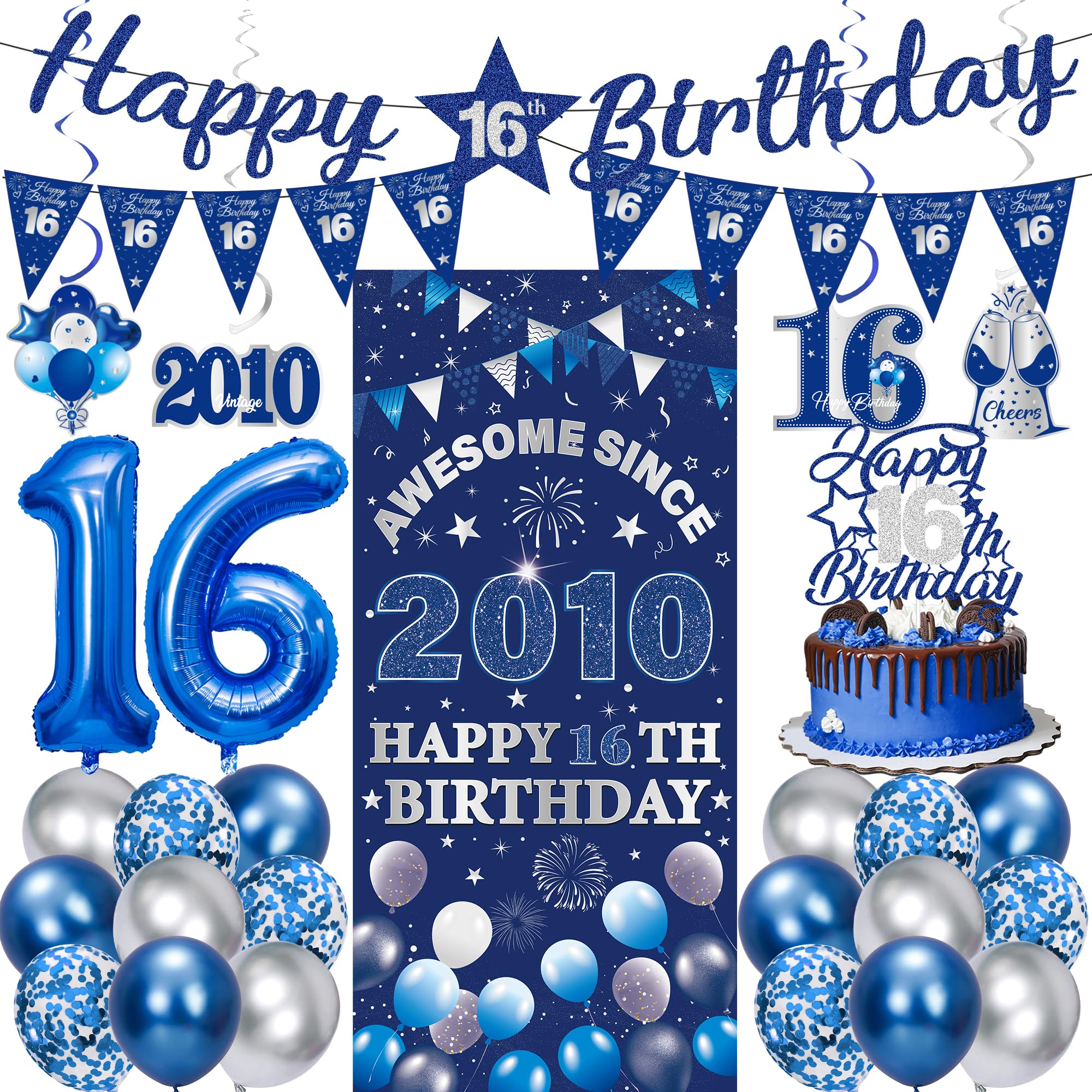 16th Birthday Decorations Boys Girls - 27 Pcs Blue Silver Happy 16th Birthday Banner Triangular Flag Hanging Swirls Backdrop Cake Topper 16 Balloon Set for 16 Years Old Party Decoration Supplies