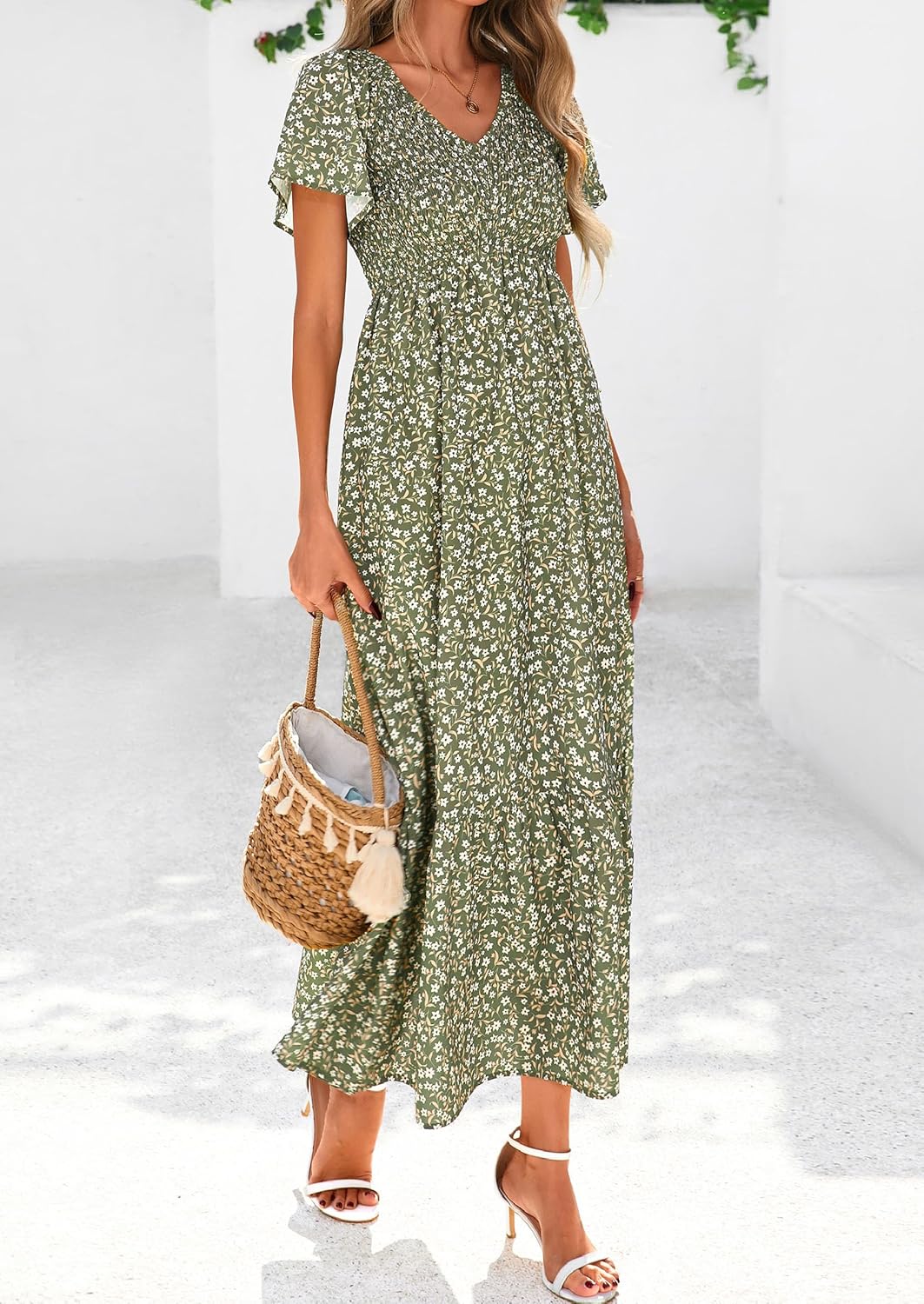 PRETTYGARDEN Boho Dresses for Women 2026 Summer Floral Short Sleeve V Neck Smocked Flowy Beach Vacation Maxi Dress - Image 4