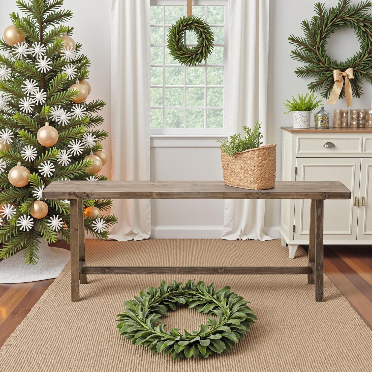 Warmiehomy Solid Wood Bench, 47.2” Rustic Farmhouse Entryway Bench for Living Room Dining Room Hallway Closet Room, Indoors & Outdoors Bench