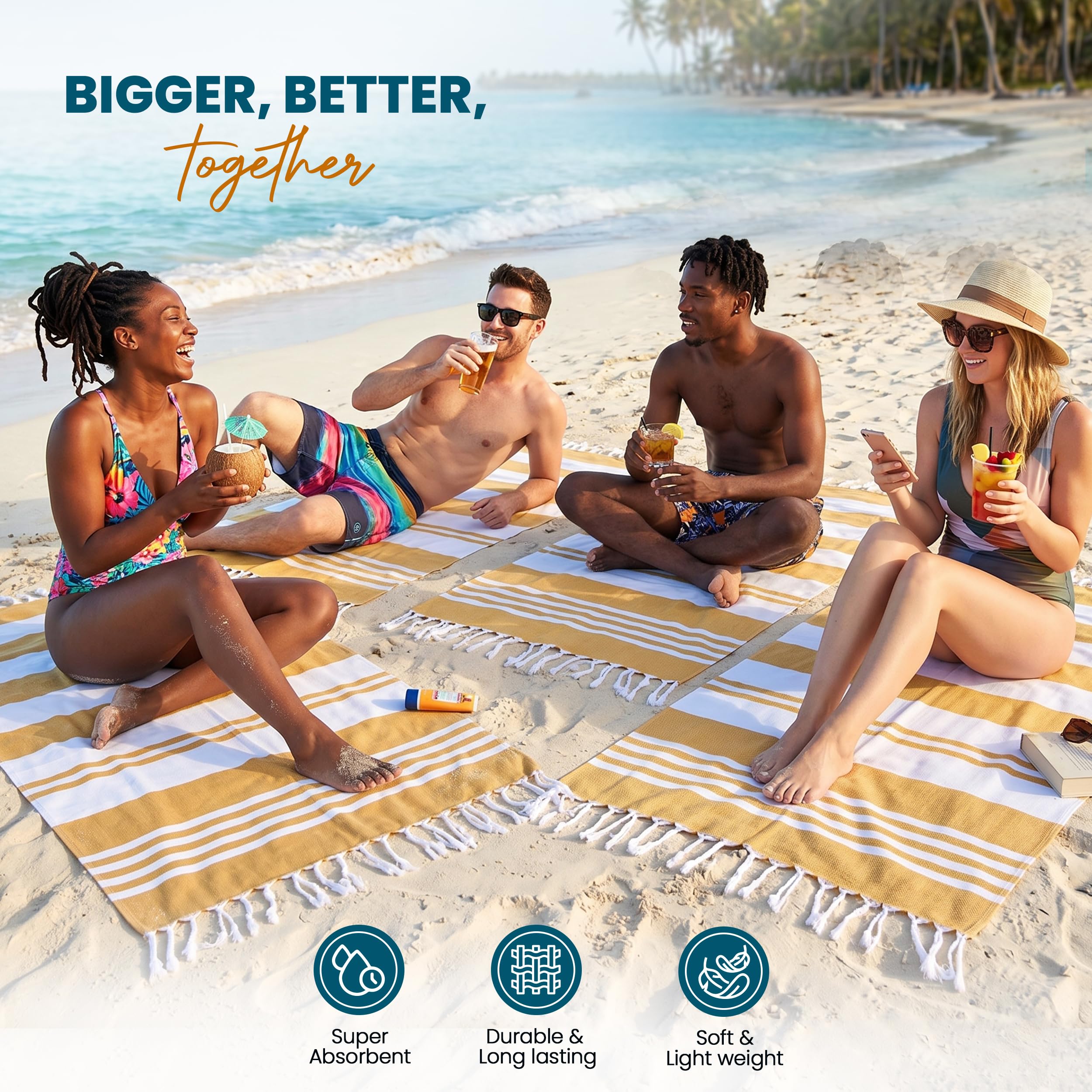 Utopia Towels - Confezione da 4 teli mare turchi, 102 x 183 cm, 100% cotone, oversize, antisabbia, leggero, asciugatura rapida, prelavato per una sensazione morbida, da viaggio, marrone chiaro