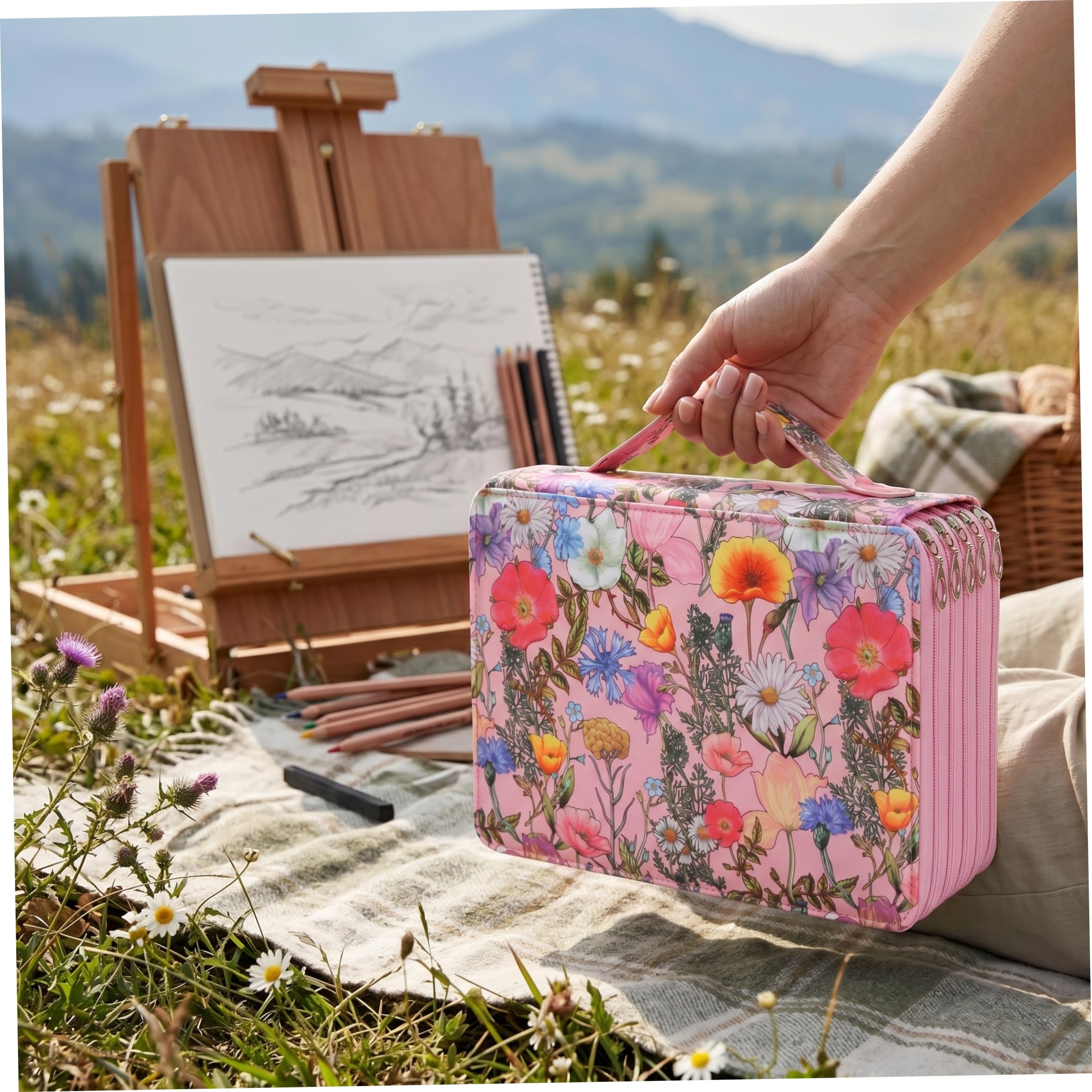 Estuche de lápices de Colores con Cremallera de 5, Organizador de lápices de Colores, Ranuras, Bolsa Floral con asa Reforzada para el hogar, la Escuela, la Oficina, galerías de Arte