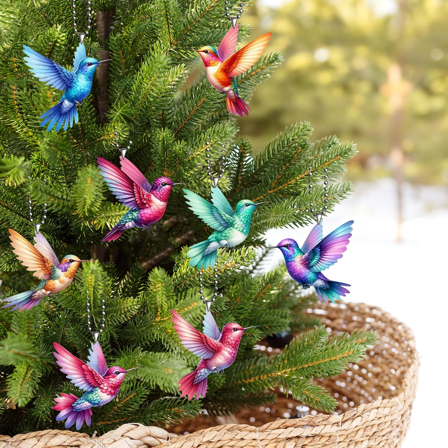 2D Bird Acrylic Hanging Ornament - 8Pcs Flying Birds Christmas Tree Ornaments, Xmas Tree Ceiling Pendants with Lanyard Rearview Mirror Window Charms Gift for Men Women (Hummingbird 1)