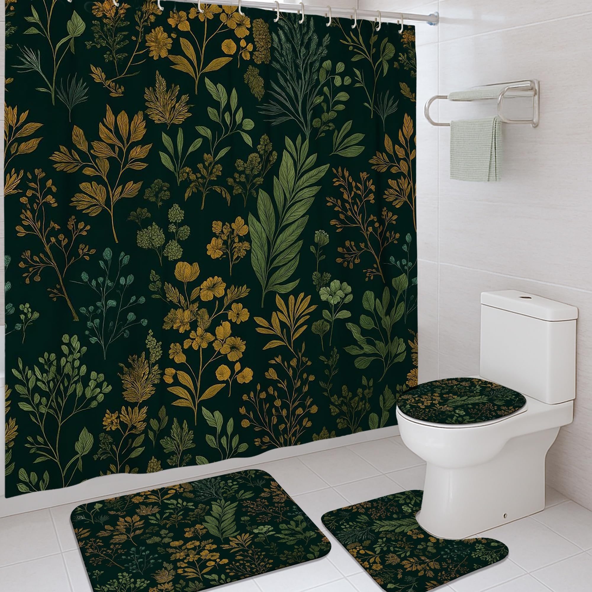 4pcs Floral Shower Curtain Set, Dark Green Yellow Botanical Bath Mat Rugs Accessories for Bathroom Decor, Modern Spring Waterproof Fabric Shower Curtain Set with Hooks 72x72 Inch