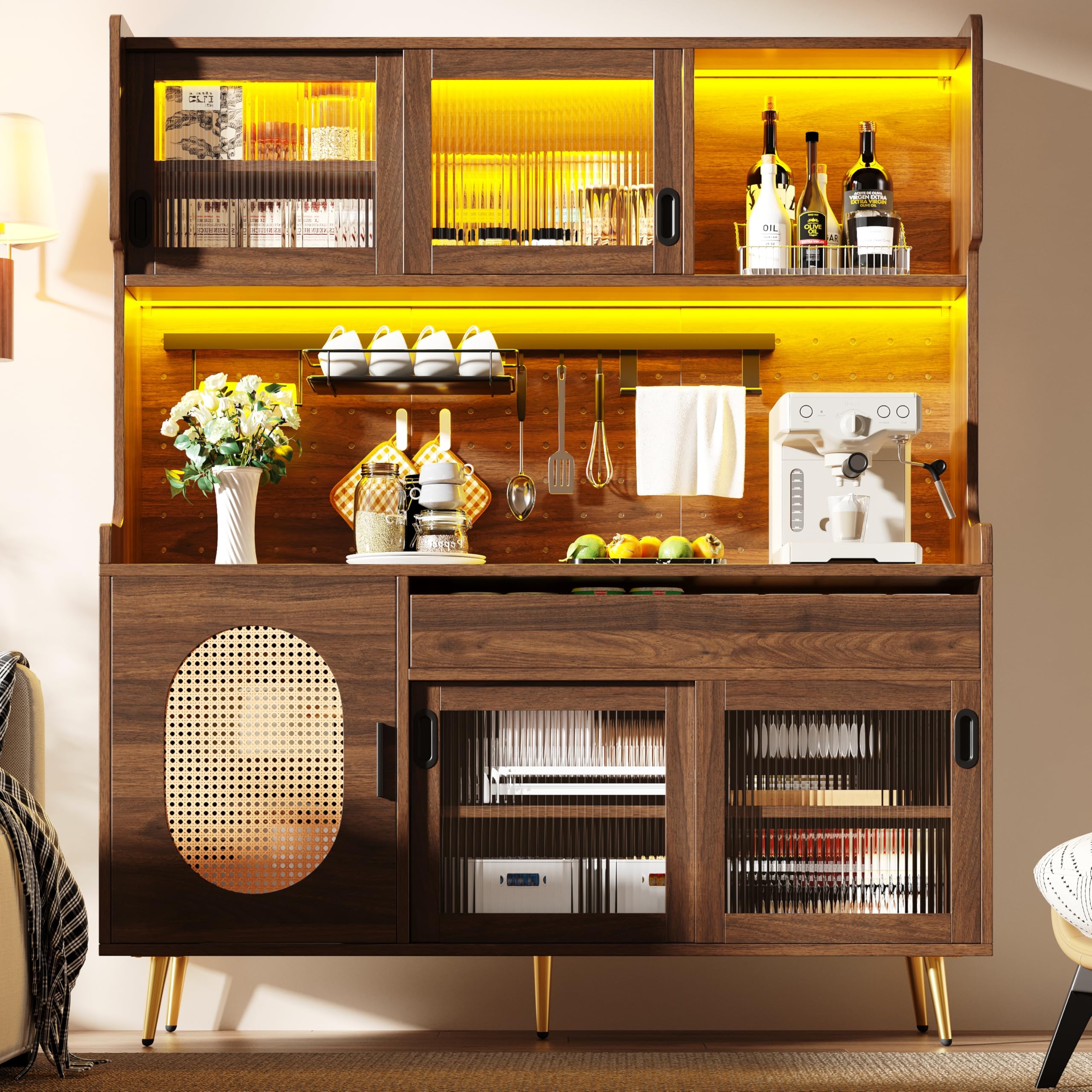 Armadio da cucina con LED e porta in vetro, stile rustico, credenza per cucina con piani di lavoro, porta scorrevole, grandi cassetti, ante in rattan, parete forata, armadio alto, 145 x 39 x 171 cm