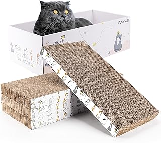 PatiencET 4 Pack Cat Scratch Pad with Box, Cardboard Cat Scratcher for Indoor Cats, Reversible Scratcher with Catnips Box Bed Desigh for Small Medium Cat Kitten, Scratching Board for Cats