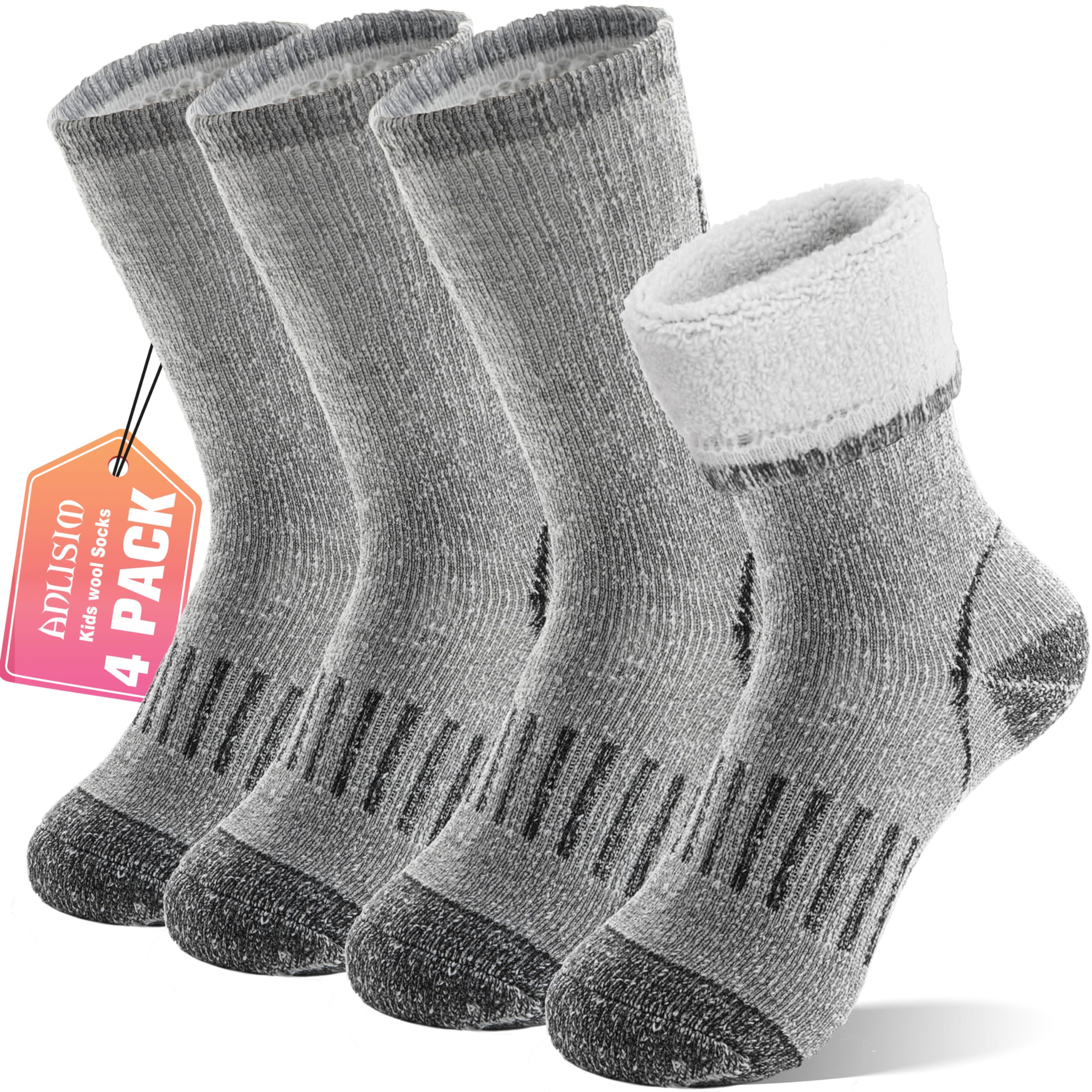 Anlisim Merino Wandersocken für Kinder Mädchen Jungen Wolle Socken Dicke Thermosocken Warme Sportsocken Trekking Wintersocken Weihnachtssocken Geschenke Kindersocken 4 Paare(Grau,12-15 Jahre)