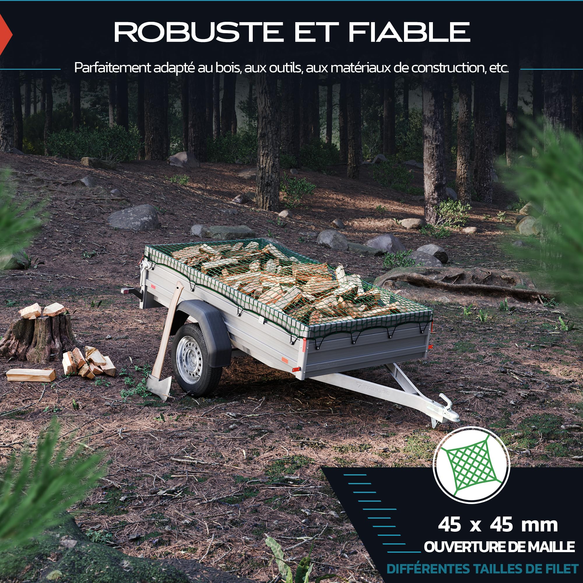 TRIBURG Filet pour remorque 2x3,5 avec marquage des Coins - Filet pour remorque avec élastique de Tension pour Une sécurisation optimale du Chargement