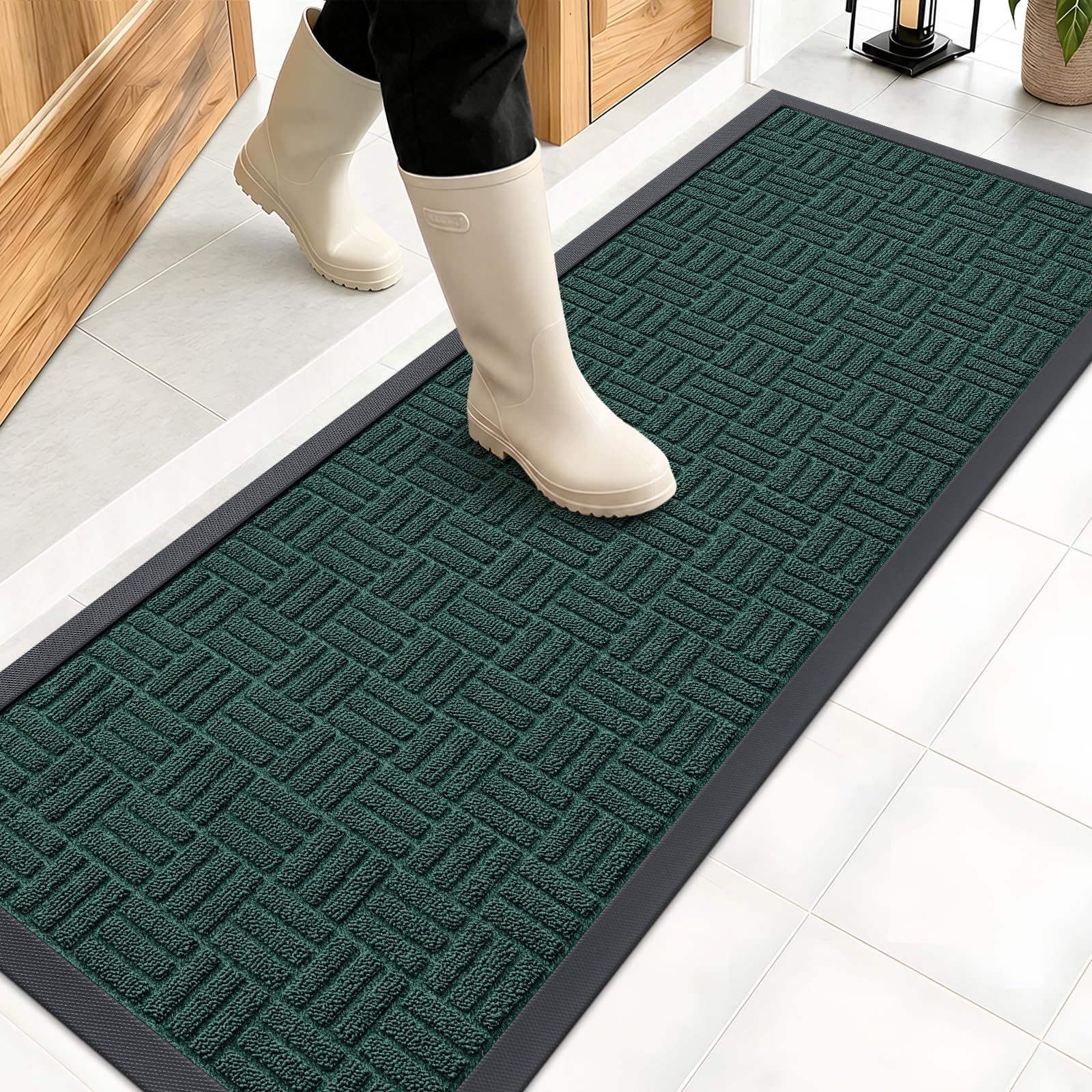 OLANLY Front Door Mat Outside Entrance 47x17, Heavy-Duty Rubber Doormat | Black Green, Stain and Fade Resistant, Non-Slip Backing, Low-Profile Indoor Outdoor Floor Mat for Entryway, Easy to Clean