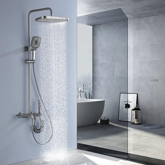 Lefton All-in-one Shower Set with Dual Shower Head, Shower Faucet Set with Spray Gun, 4 Control Buttons, Adjustable Water Outlet Modes, Grey, SS2201-2