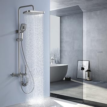 Lefton All-in-one Shower Set with Dual Shower Head, Shower Faucet Set with Spray Gun, 4 Control Buttons, Adjustable Water Outlet Modes, Grey, SS2201-2