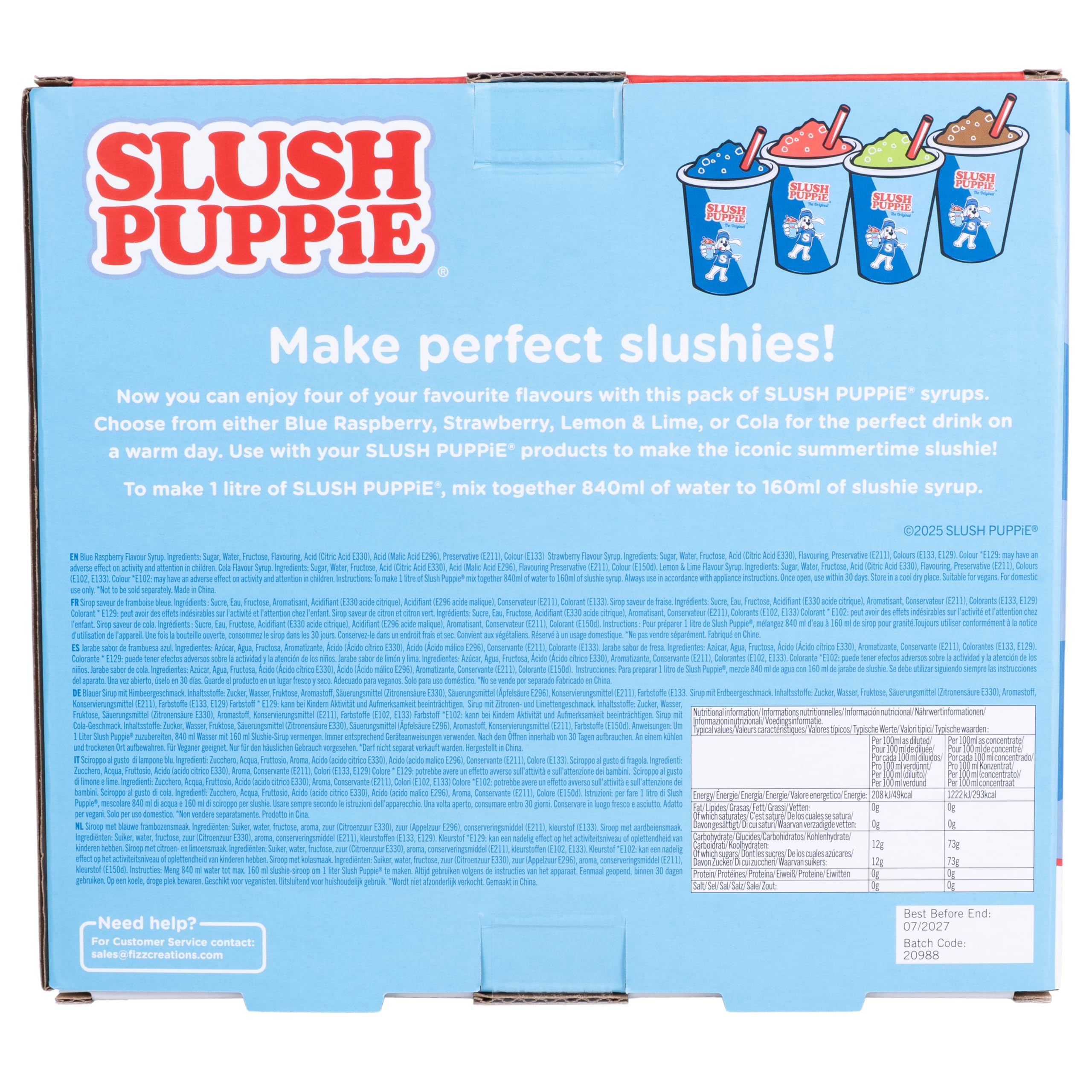 Zestaw syropów Slush Puppie 4 szt. 4 x 180 ml. Zawiera aromaty niebieskiej maliny, truskawki, coli i cytryny i limonki.