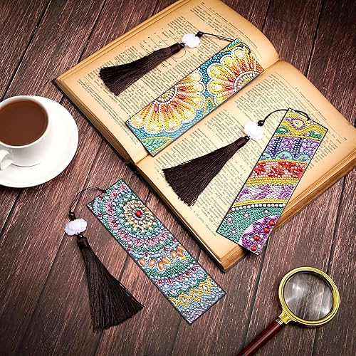 Miniatura 4 de Outus 3 marcapáginas de diamantes con borlas de diamantes con cuentas de arte, marcapáginas de cuero para graduación, cumpleaños, bordado,