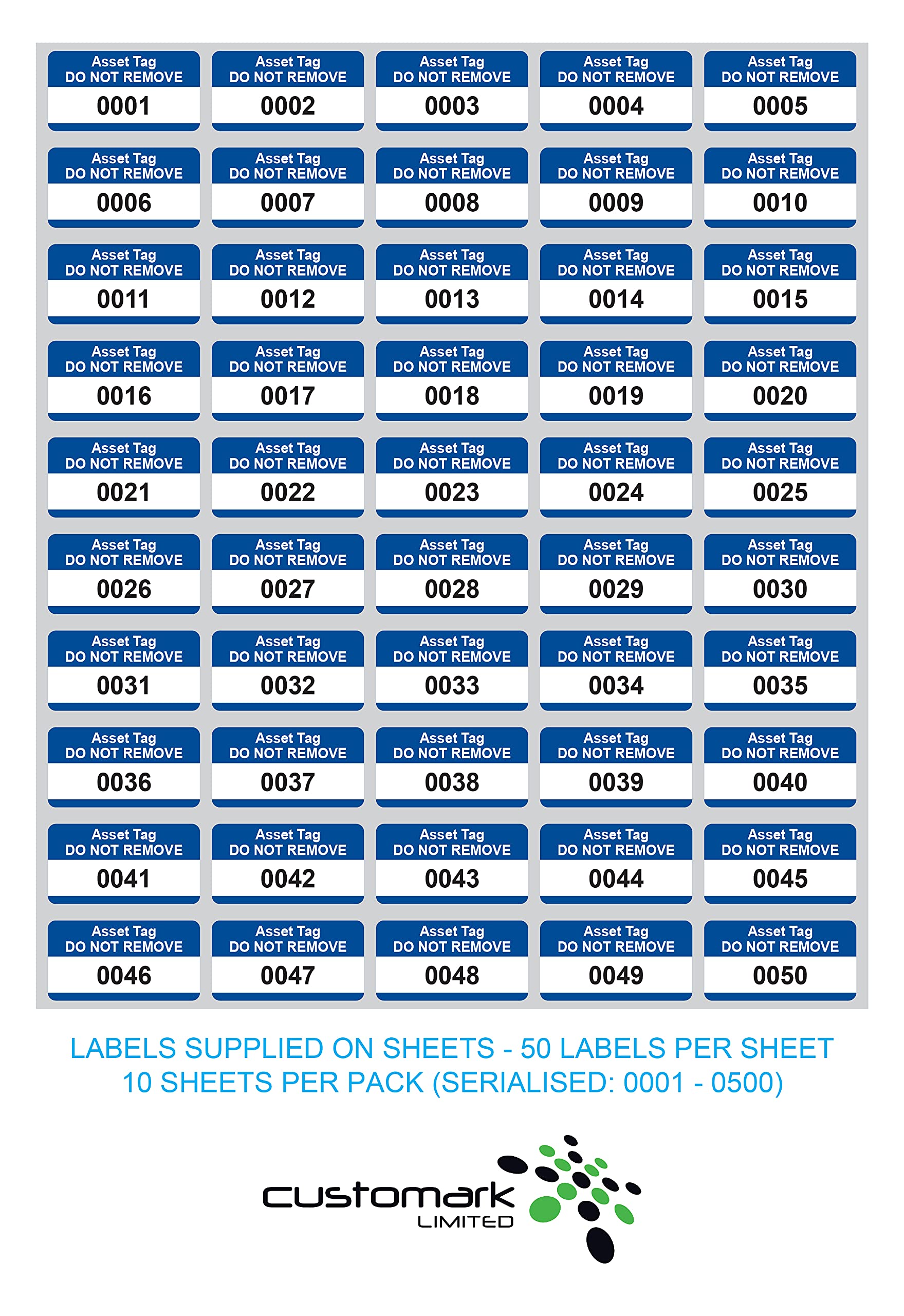 Blu Asset tag etichette – numerati da 1 a 500 – permanente sintetico PP 38 mm x 20 mm – etichette per prezzo confezione da 500 etichette (P/No. 7828640)