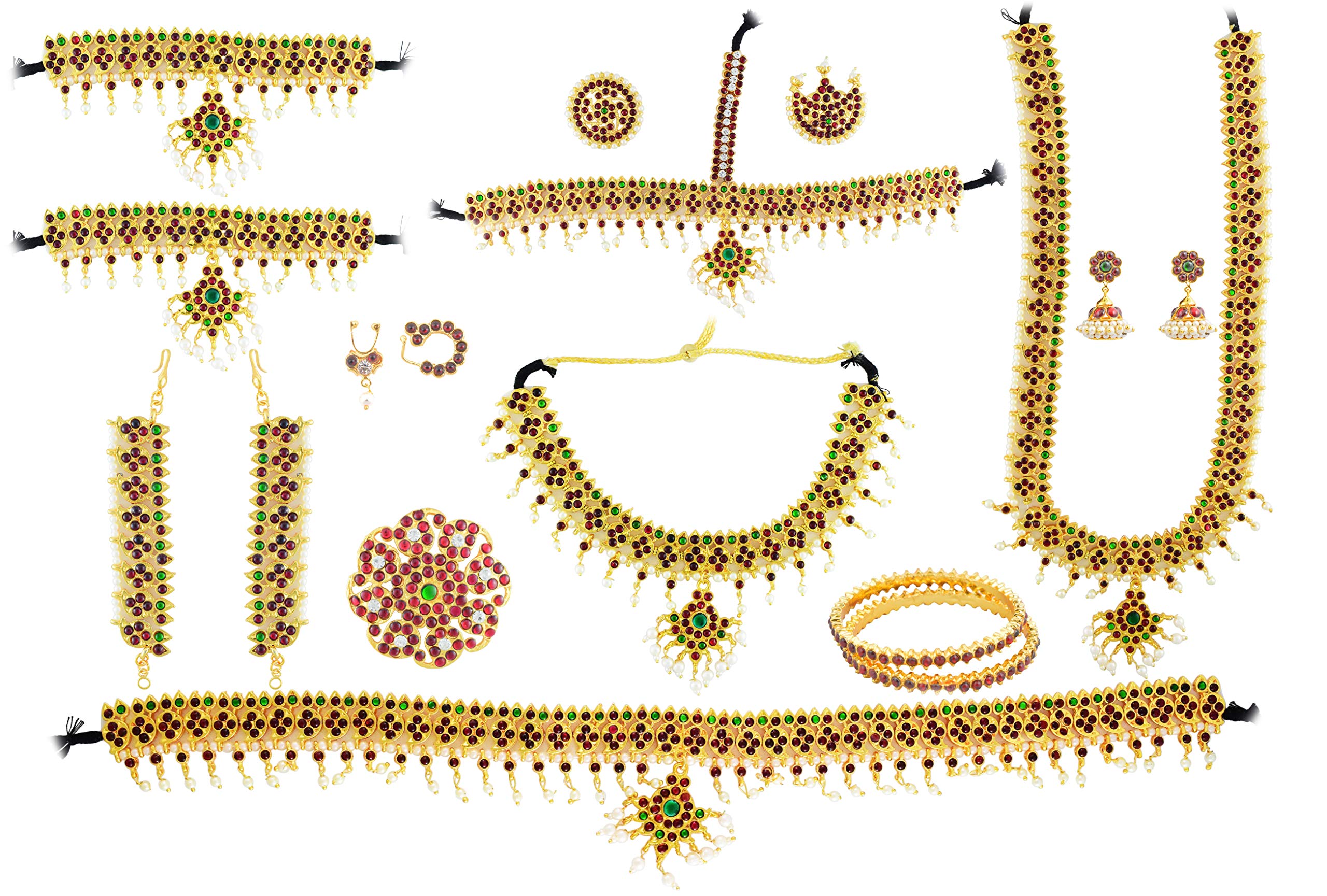 UG PRODUCTSComplete Set Bharatanatyam Classical Dance Jewellery with All The 10 Separate Ornaments Made with Green and Red Quality Kemp Stones(S32)