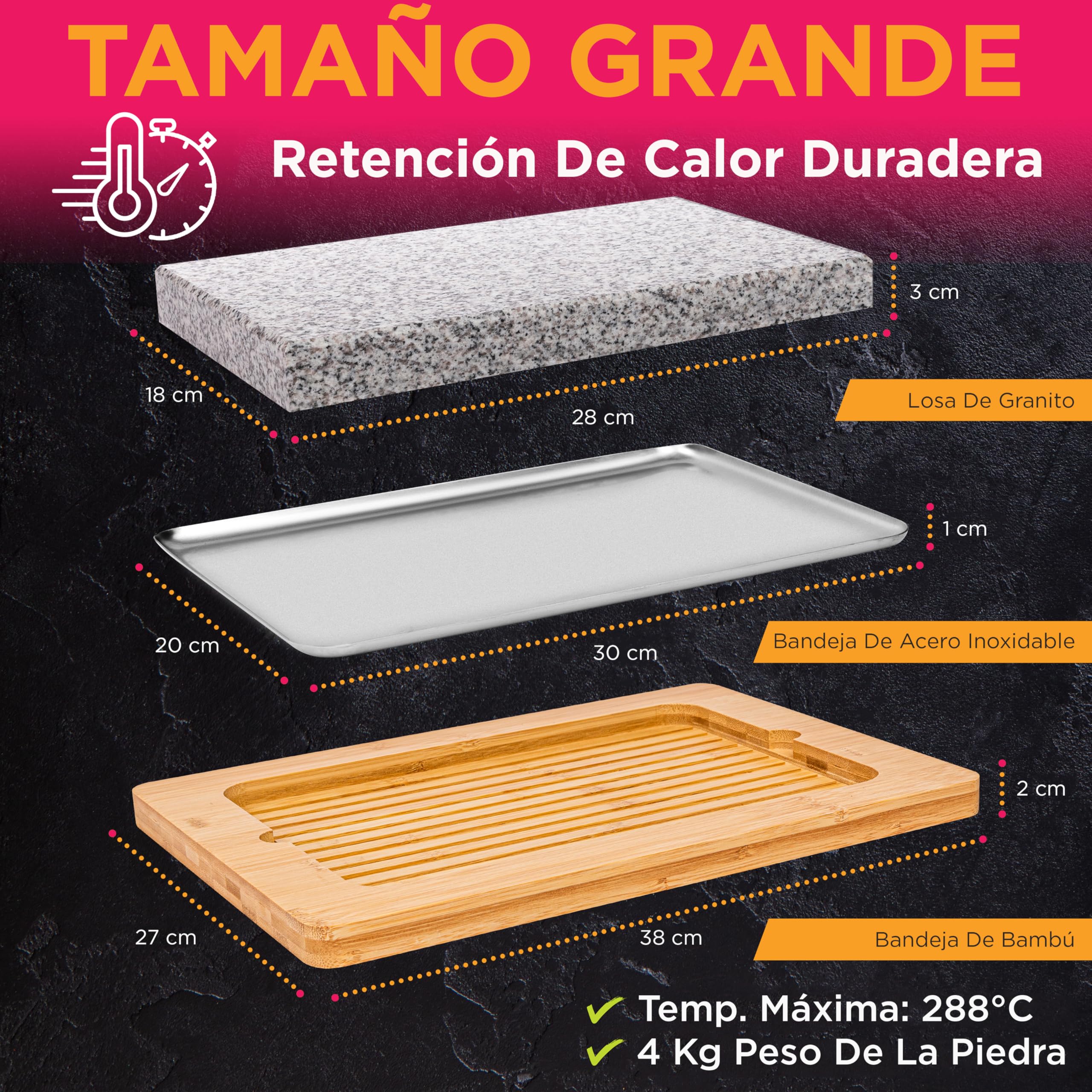 Nutrichef juego de parrilla de piedra, Caliente, Bandeja de bambu, Con asas antideslizantes, Control de temperatura ajustable, Perfecta para carnes y verduras