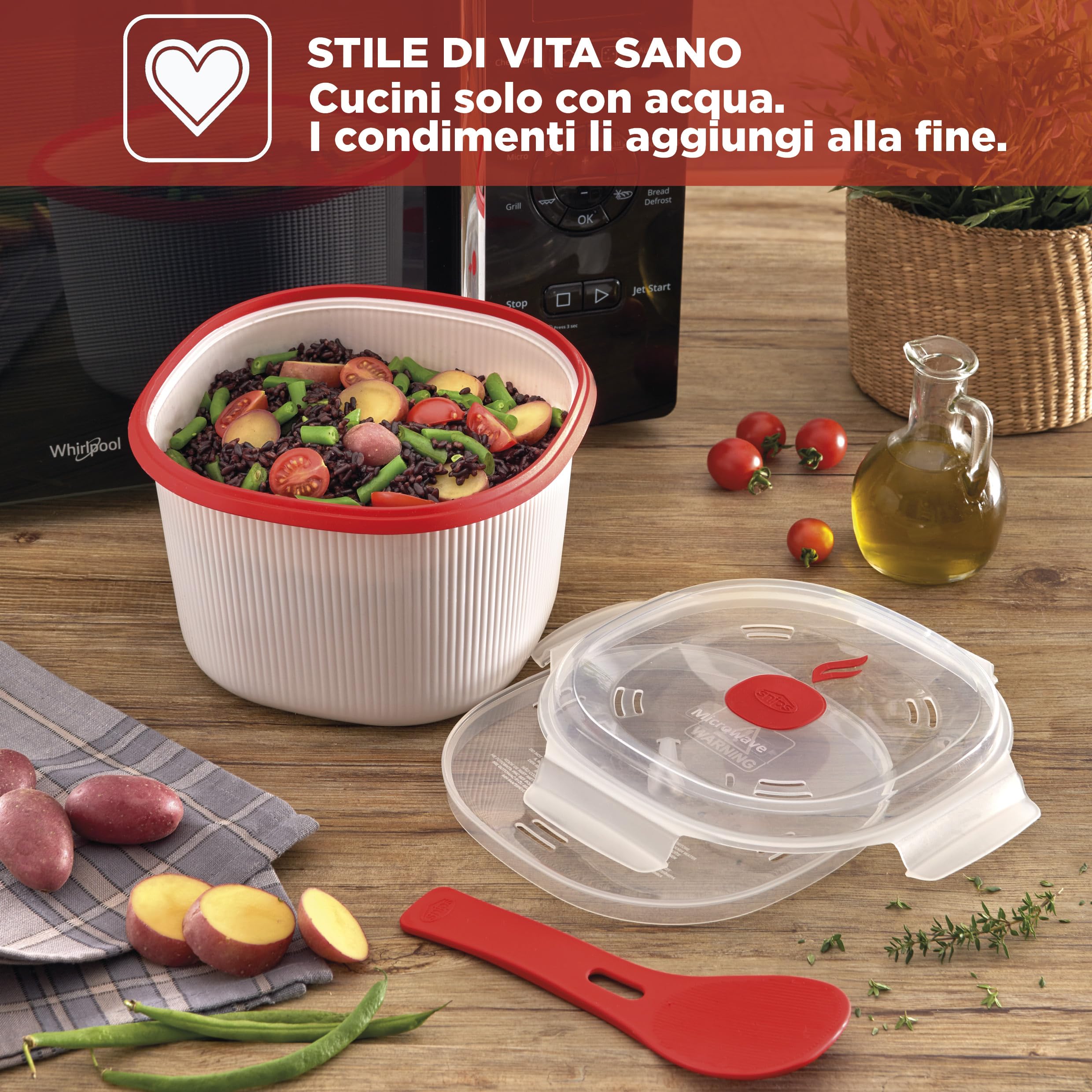 Cuociriso e Cereali Microonde 2,70L con Vassoio Amido e Spatola - Contenitore Alimenti Bianco Made in Italy