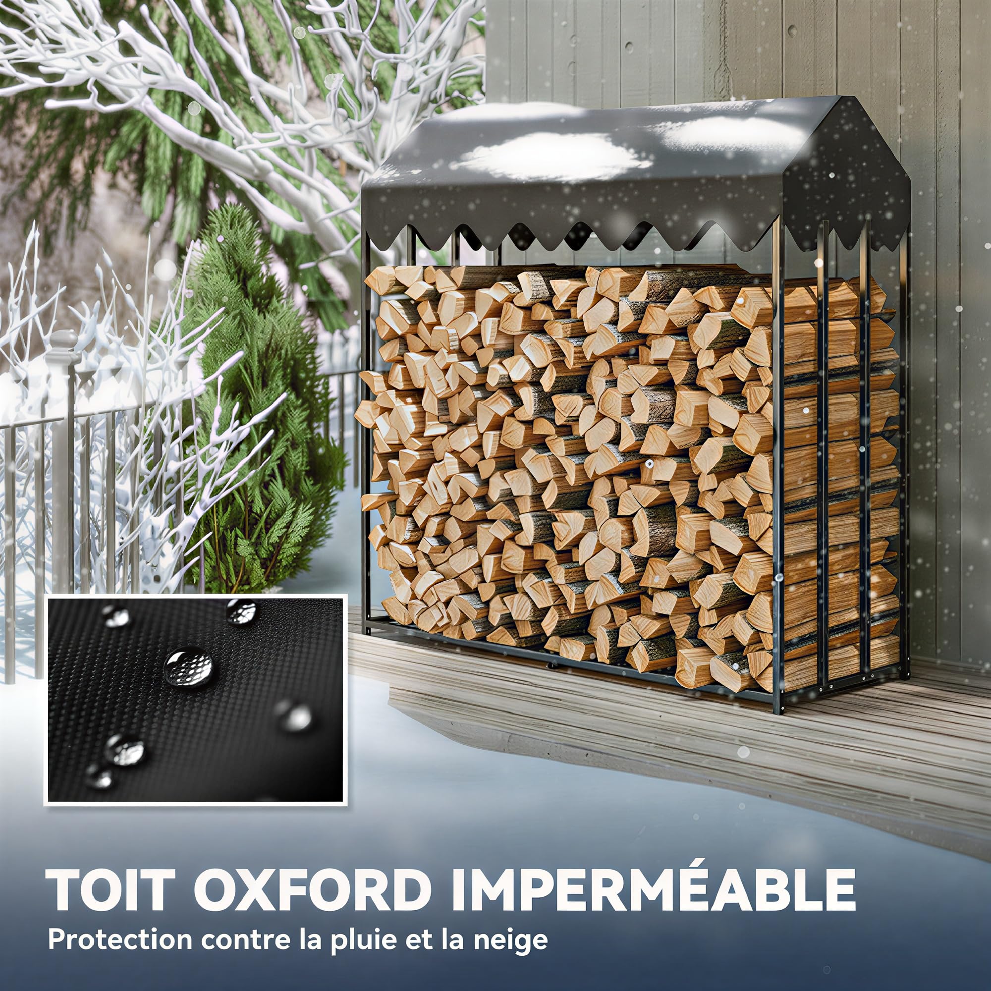 Outsunny Range bûches extérieur en acier 186 x 70 x 185 cm grande capacité 1,9 m³, étagère à bûches avec abri bois de chauffage et housse de protection 600D Oxford noir