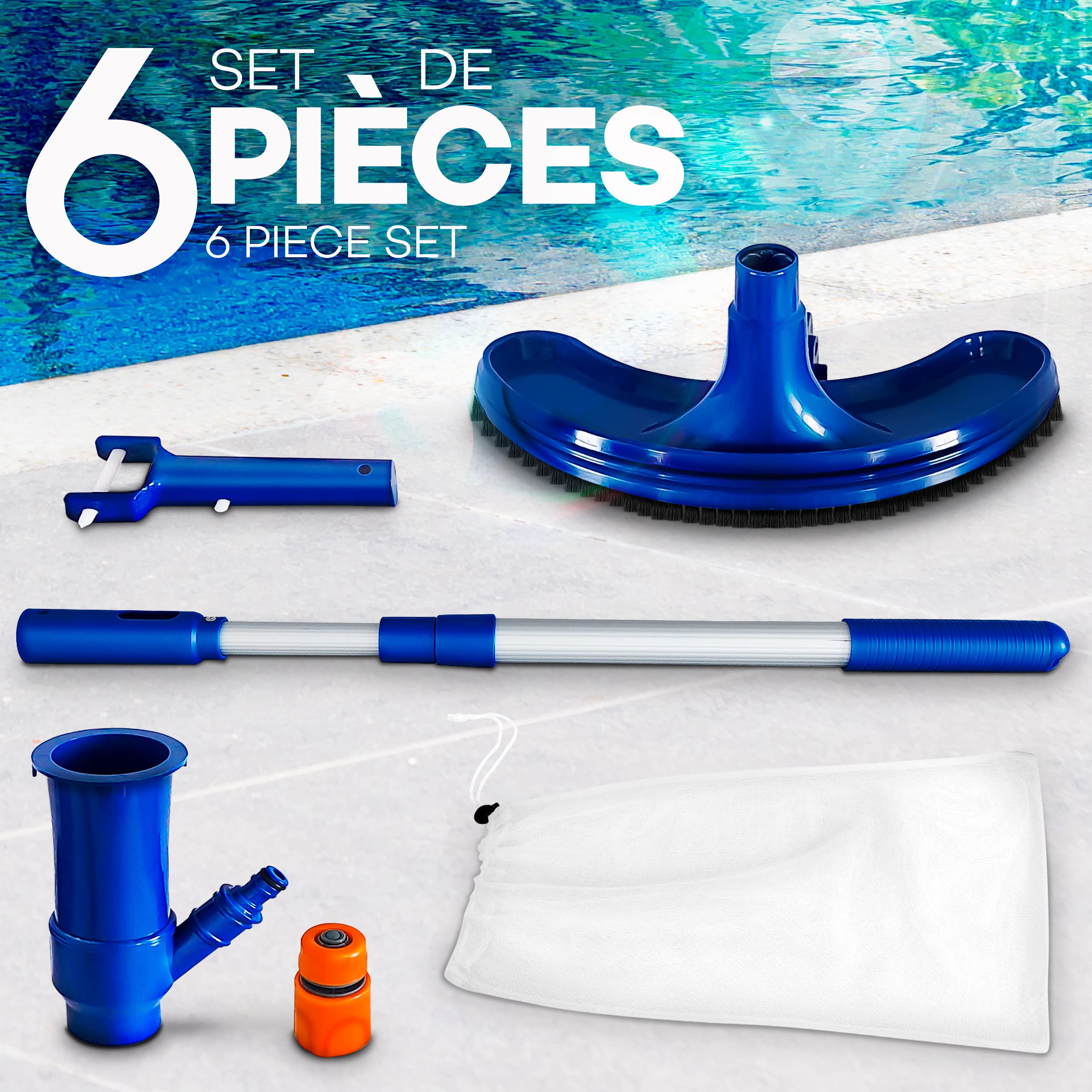 tillvex Aspirateur de Piscine à Vide | Kit d'entretien pour Piscine | Set d'Accessoires de Nettoyage avec Aspirateur, Sac à Feuilles, Écumoire Manche Télescopique | pour Piscines, Bassins, Fontaine