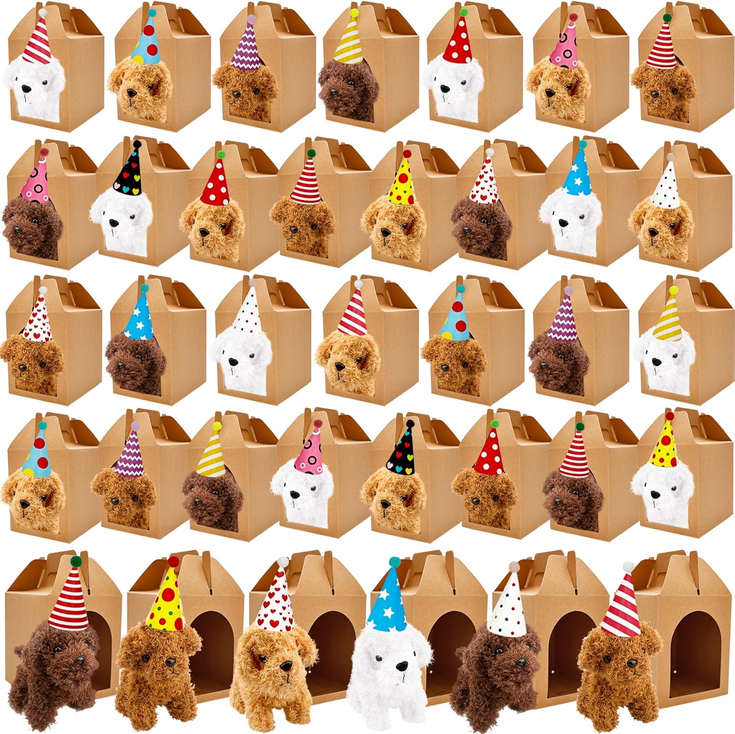 96 Pcs Adopt a Teddy Dog Party Favors Includes 32 Mini Stuffed Teddy Dog Plush Toy 32 Birthday Hats and 32 Kraft Paper Boxes for Birthday Adopt Pet Party Supplies