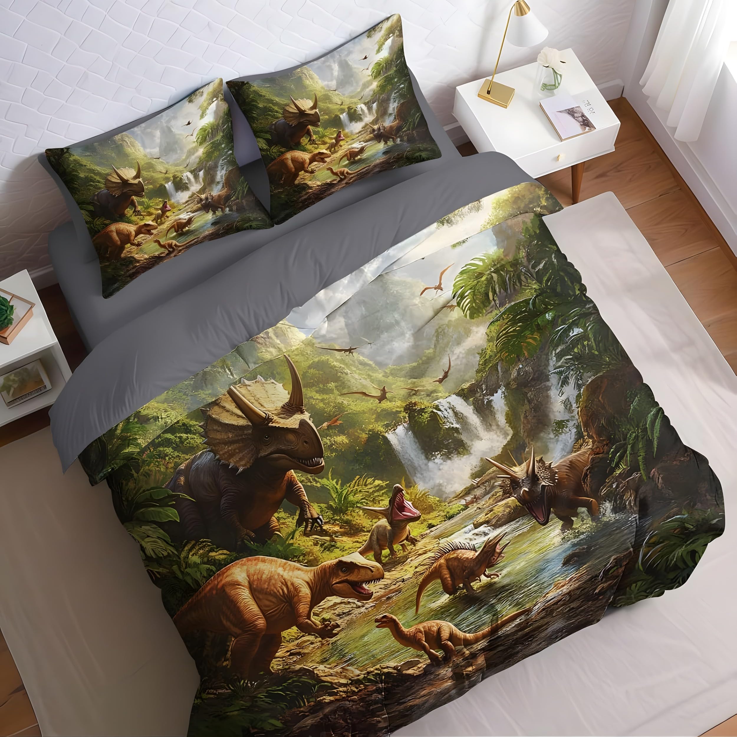 YZQGLHP Dinosaurs Single Duvet Cover Set Jungle Dinosaurs Soft Single Bedding Microfibre Lightweight Quilt Cover with Zipper and 2 Pillowcase 50x75cm