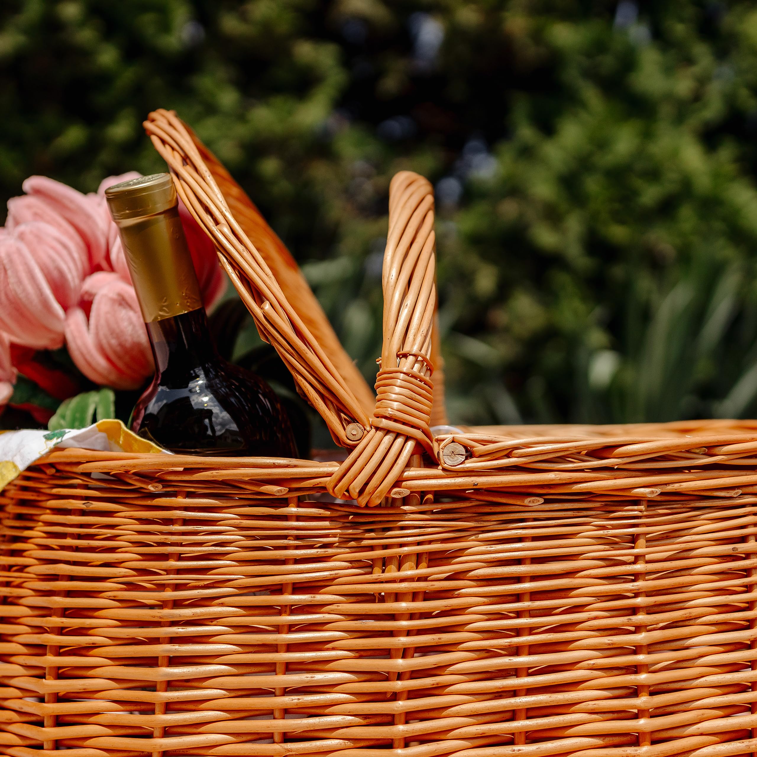 Creative Home Cesta de Mimbre Grande con Asa y Tapa Picnic | 45 x 30 x 38cm (+/- 2cm) Ligera | para Compra Regalo Plantas Decoración | Tejida a Mano | Marrón Natural | Multiuso, Práctica y Duradera