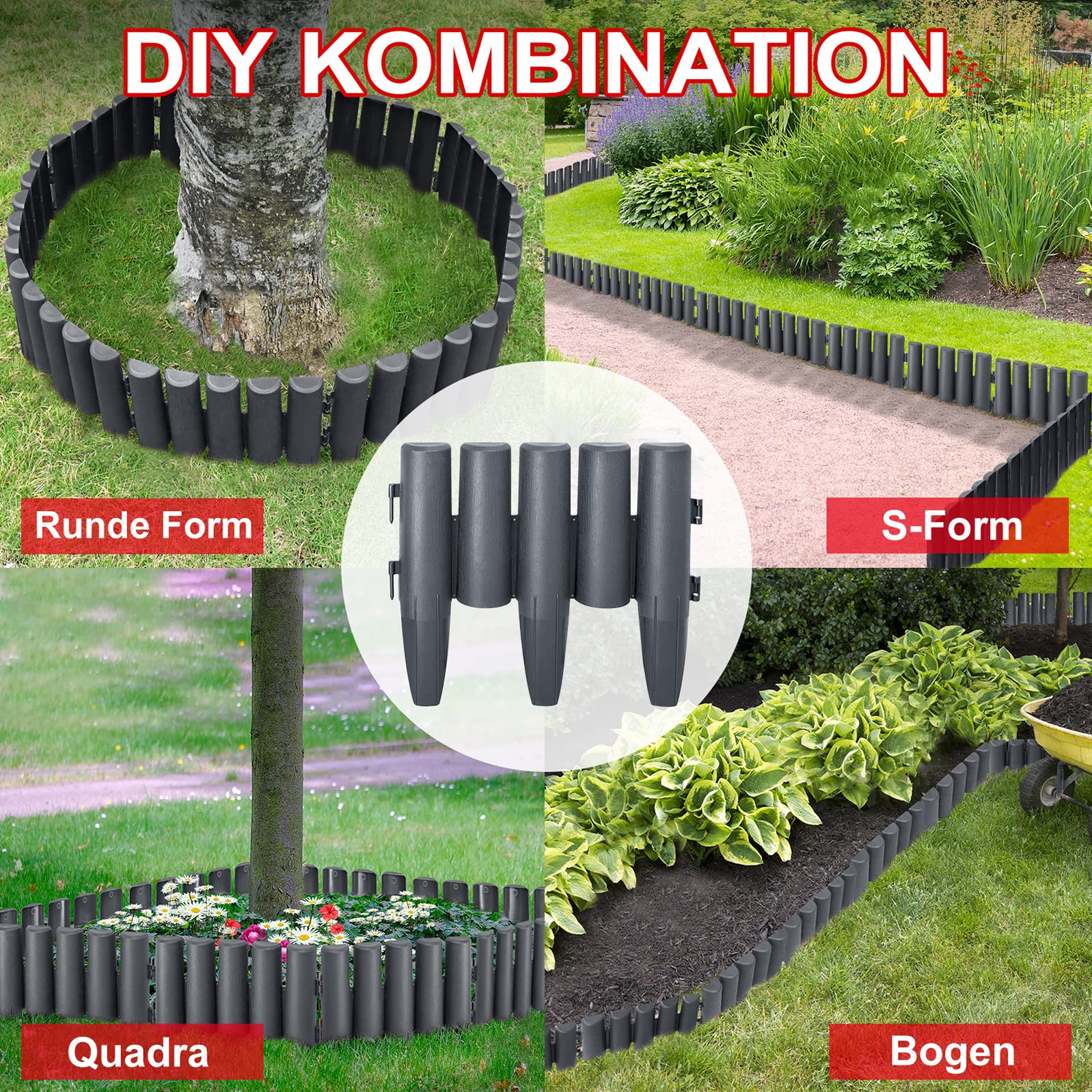 LZQ Bordo per prato, effetto legno palizzato, 1 elemento (LxH): 28,0 x 24,0 cm, palizzata da giardino, 11,2 m, antracite