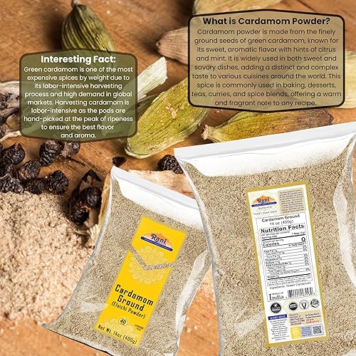 Miniatura 9 de Rani Cardamomo (Elachi) Molido, especia india en polvo, 1.4 oz (40 g)  Todo natural  Sin color añadido  Apto para gluten  Vegano  Sin OMG  Sin sal