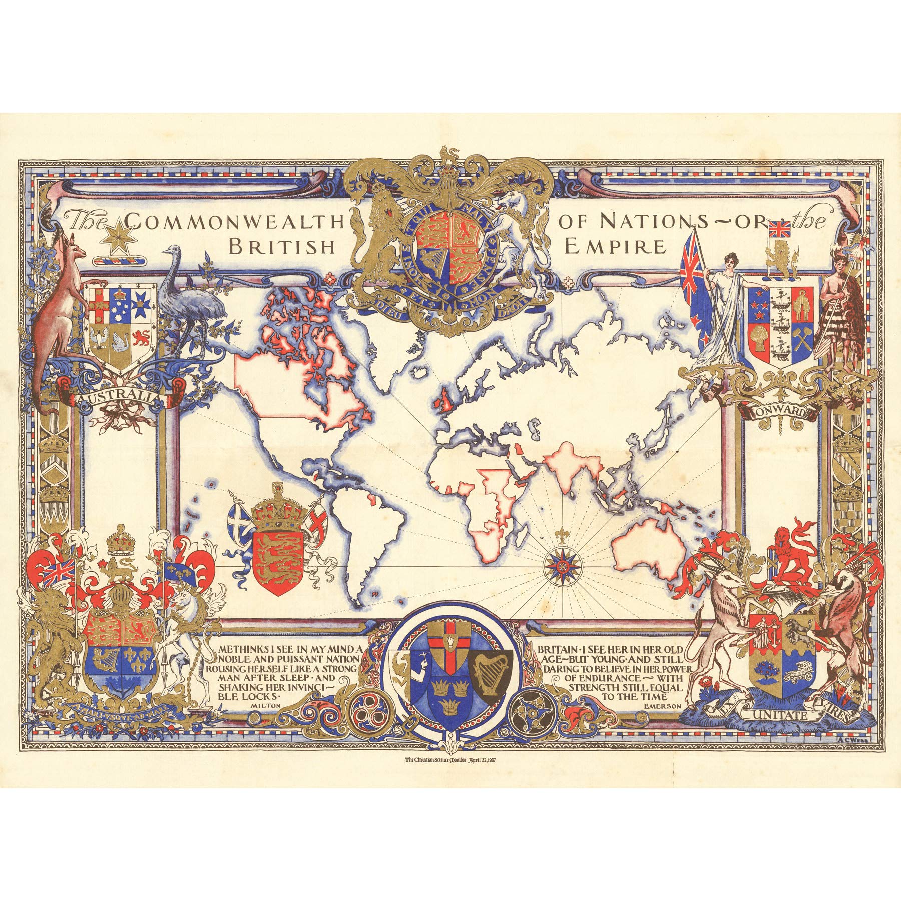 Map Webb 1937 British Empire Commonwealth Pictorial Premium Wall Art Canvas Print 18X24 Inch