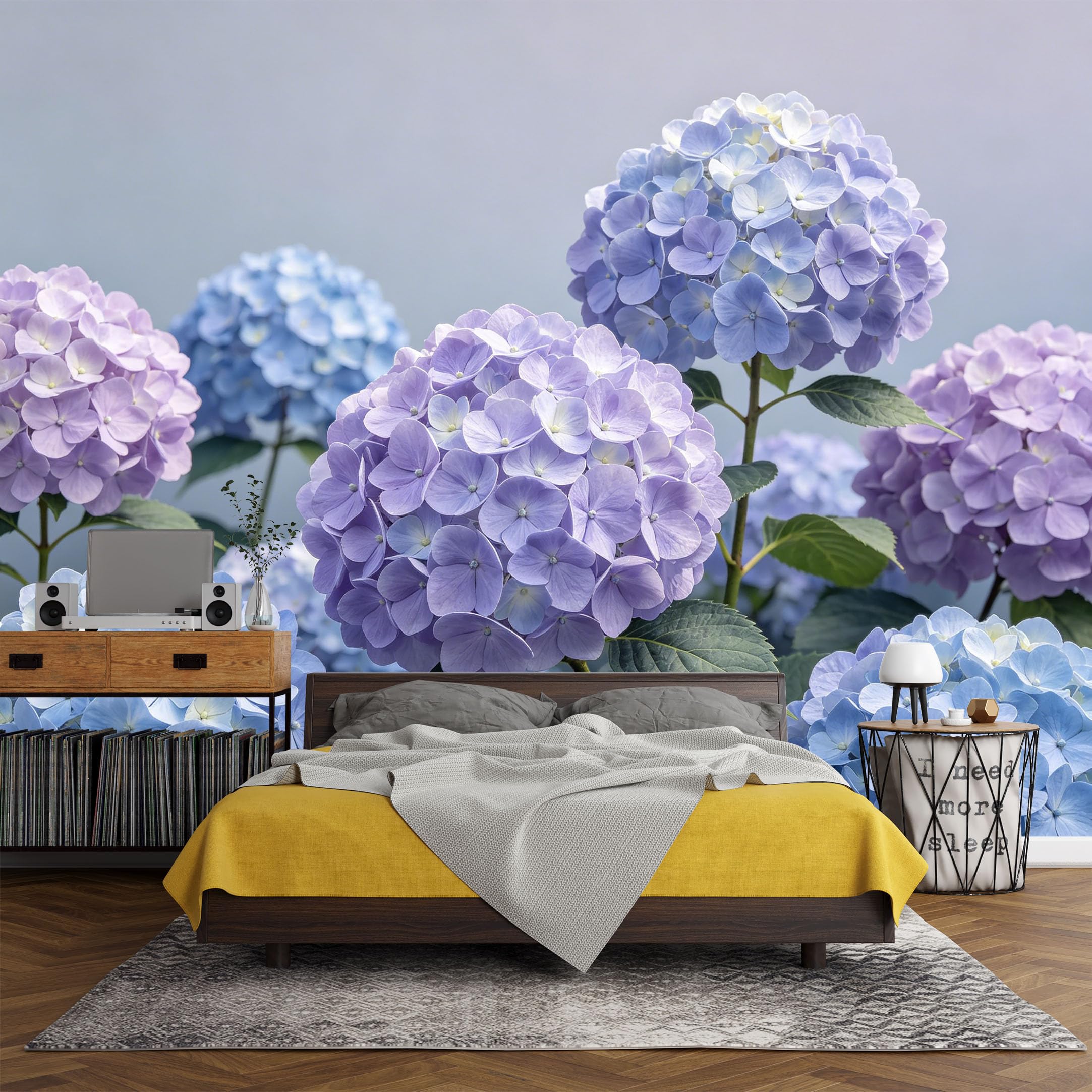 Custom Size Wall Mural， Botanical Hydrangea Bloom Garden Pastel Flowers Watercolor Style，SelfAdhesive Art Prints wall Fabric（No PVC） Removable Wallpaper Living Room Decor