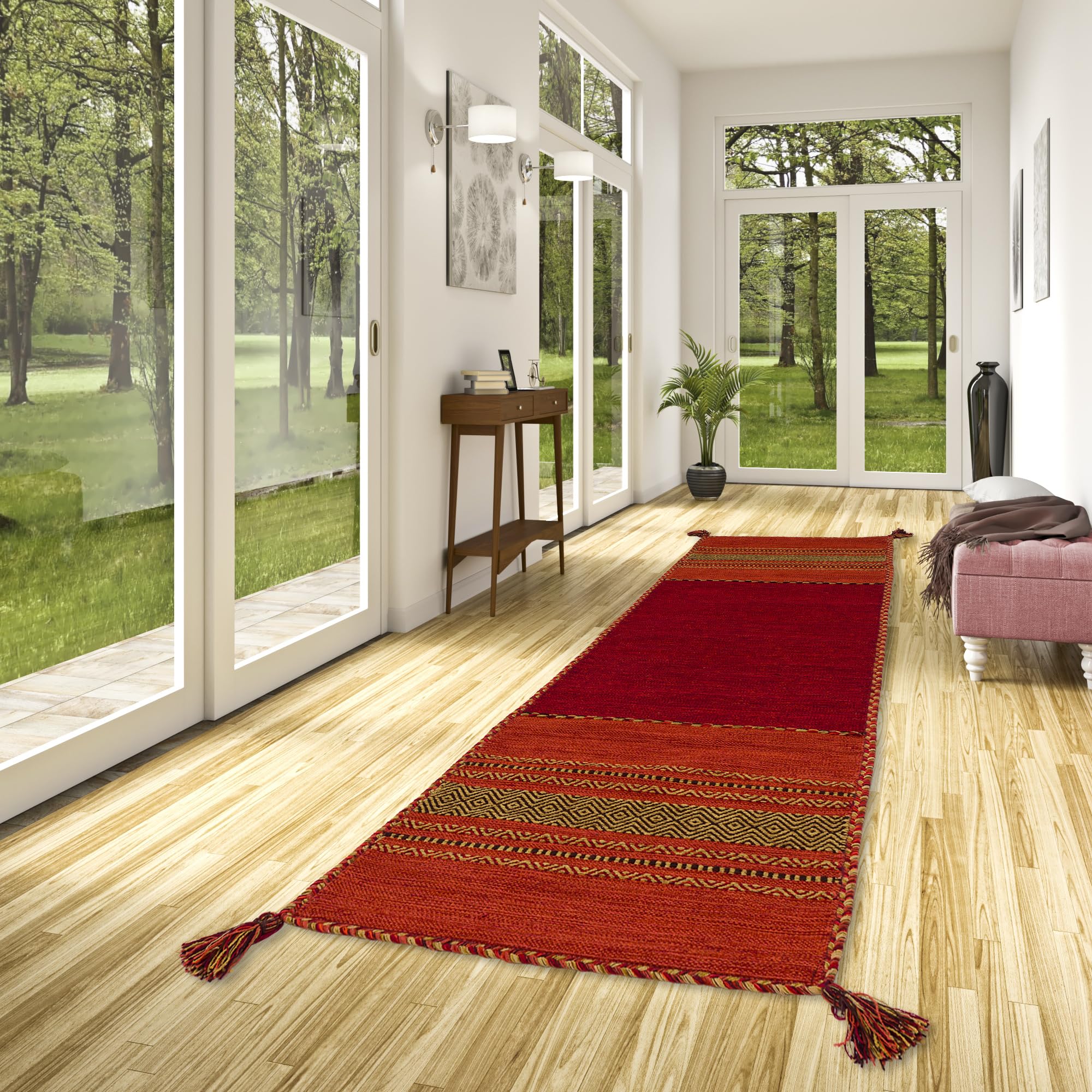 Pergamon Navarro Couloir Rouge Orange - Tapis Kilim tissé à la Main en 100% Coton, Design Traditionnel, Durable et Facile à Entretenir, idéal pour couloirs, Salon et entrée, Tapis Intemporel
