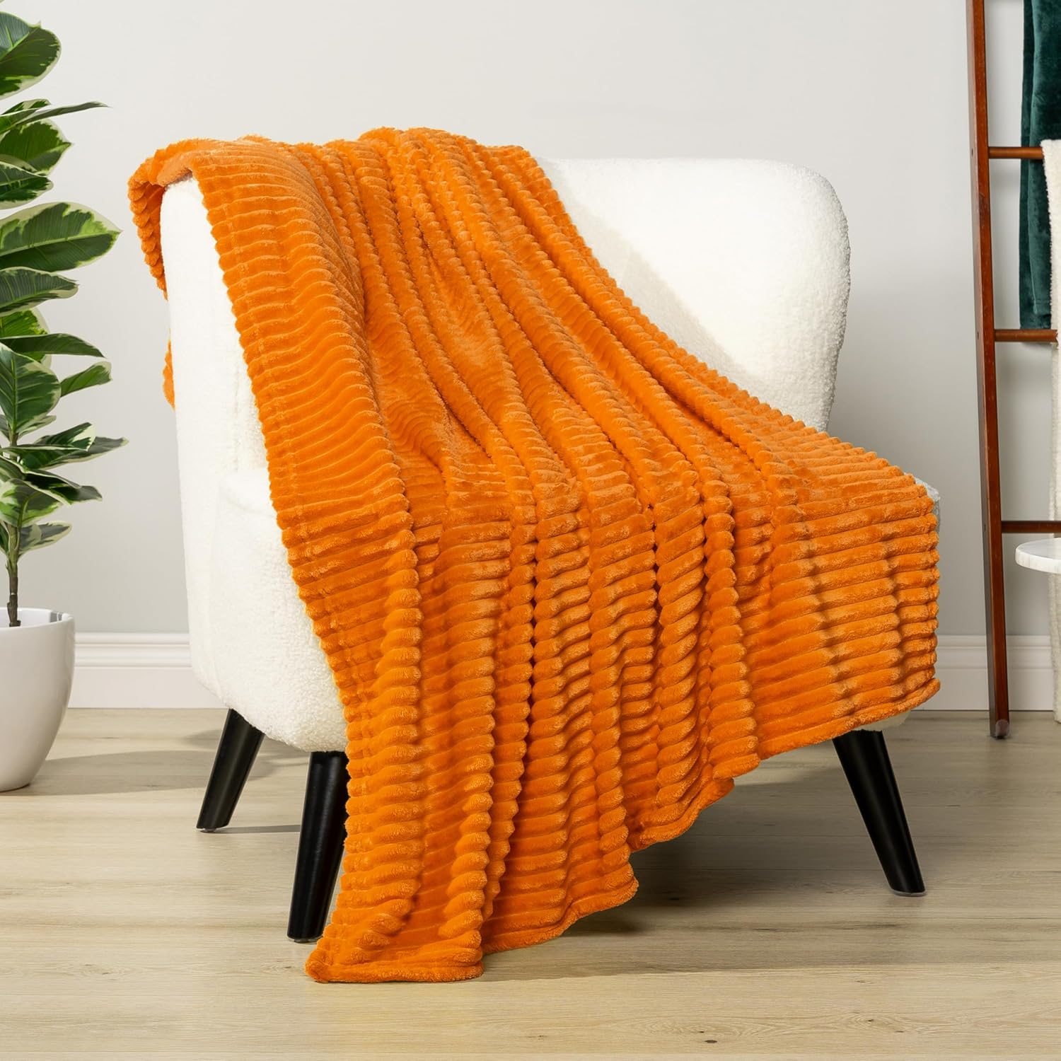 PAVILIA Super Soft Fleece Throw Blanket Orange, Luxury Fuzzy Plush Flannel Throw, Warm Cozy Ribbed Microfiber Blanket for Sofa Couch Bed, Lightweight Striped Blanket, Orange, 50x60 - Image 3