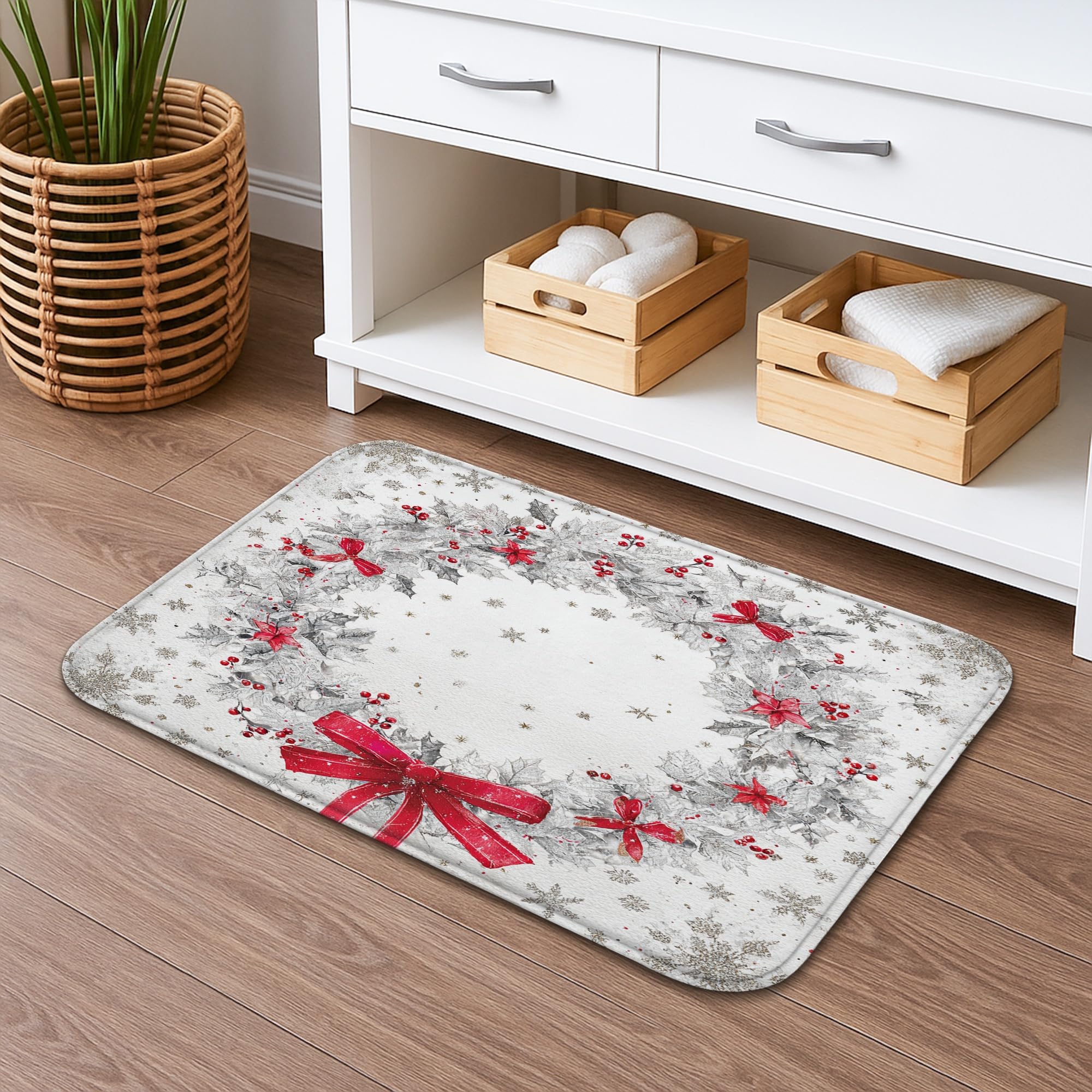 Christmas Wreath Quick Dry Bath Mat, Red Bows and Snowflakes Absorbent Non Slip Shower Mat, Flannel Washable Bath Rugs for Bathroom Decorative 16x24 Inch