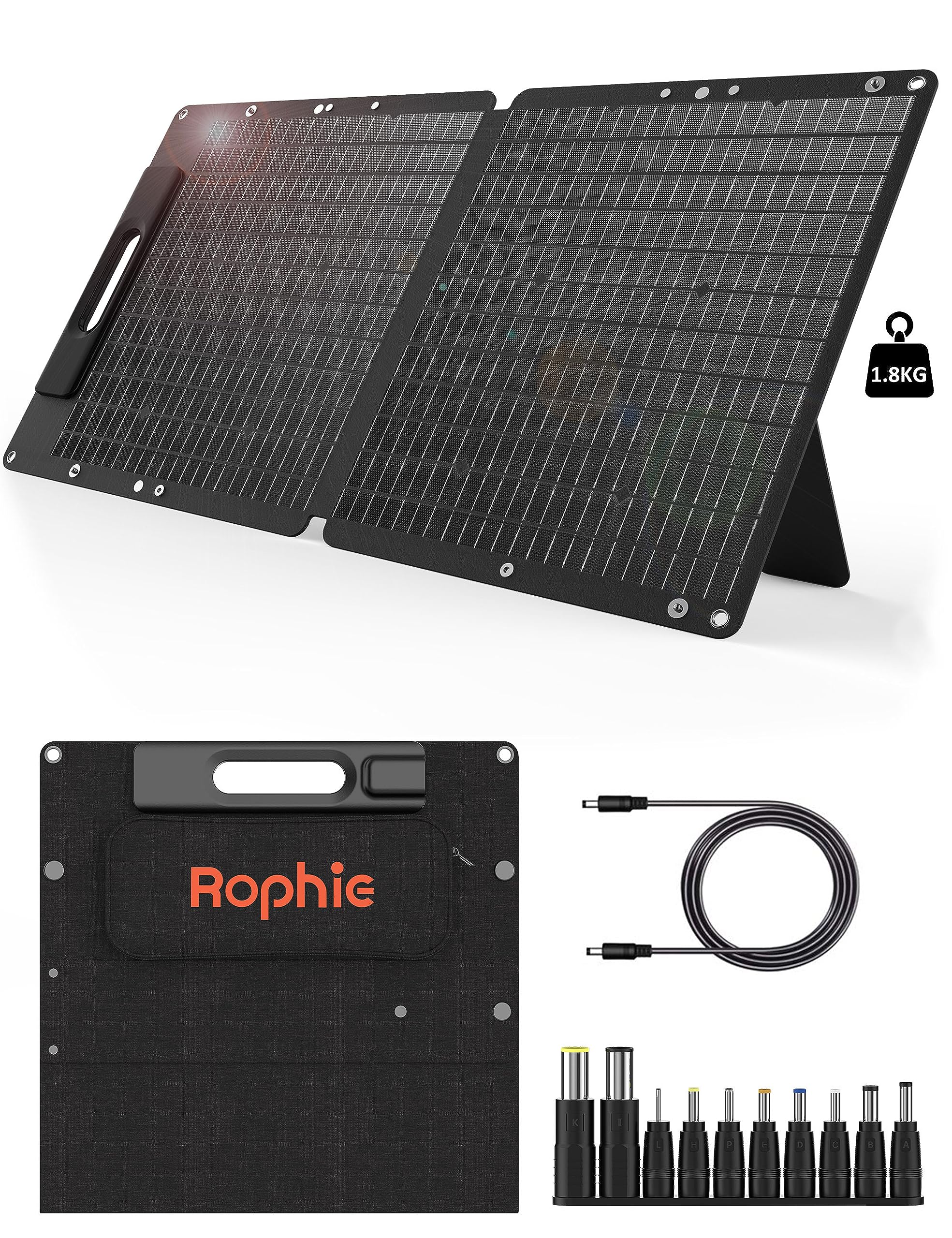 Rophie Składany panel słoneczny 60 W, przenośny monokrystaliczny panel słoneczny z wyjściem USB/typ C/DC 1,8 kg, ultralekki, IPX67 na kemping, podróż, do ogrodu, na balkon